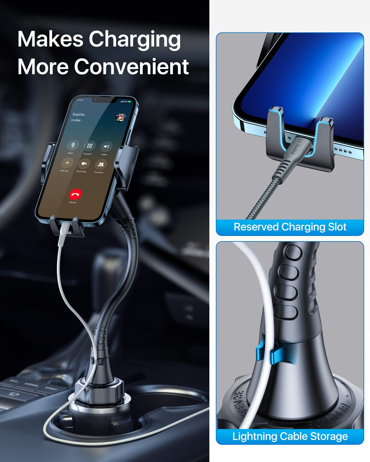 Danmus  Car Cup Holder Phone Mount With Extendable Base, [15-In Adjustable Long Gooseneck] [Military-Grade] Car Truck Mount Compatible With Iphone 15 14 13 12 Pro Max Samsung S23 All