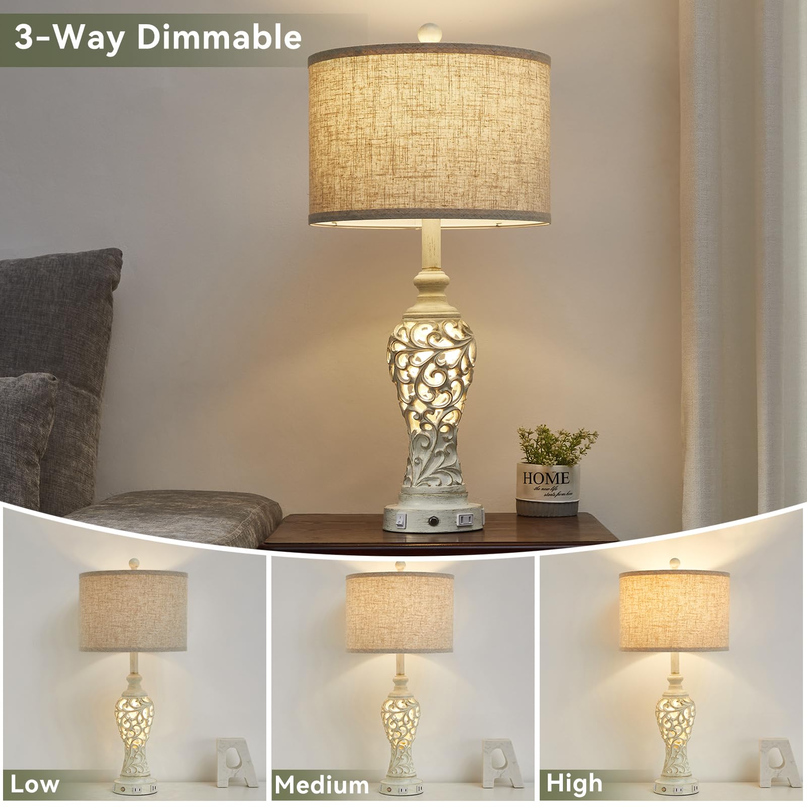Saiweya 26" Usb A+C Touch Control Table Lamp With Nightlight, 3-Way Dimmable Farmhouse Bedside Nightstand Lamps For Living Room Bedroom (Bulb Included)