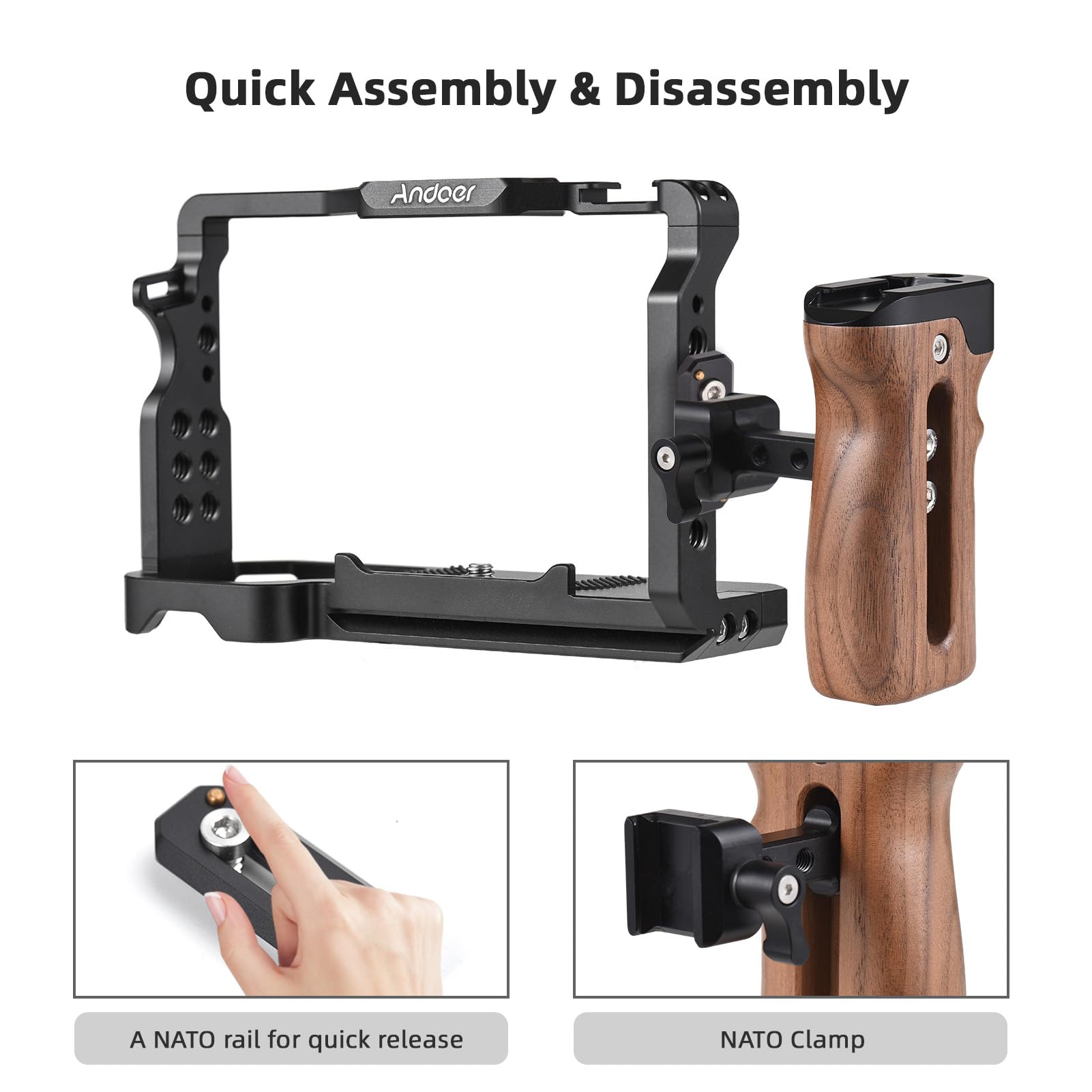 Camnoon Universal Top/Side Handle For Camera Cage Left/Right Side Handgrip With Nato Clamp Cold Shoe Mount Up & Down Adjustable, 2 Pack