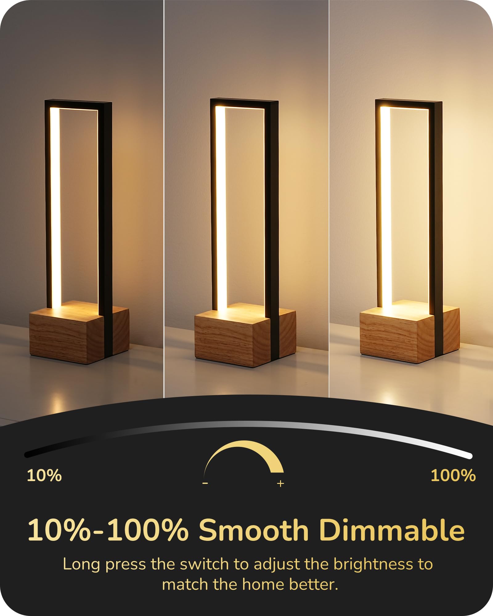 Edishine Modern Table Lamp, Dimmable Led Bedside Lamp With 3 Color Temps 3000K 4500K 6000K, Black Square Aluminum Frame, Complete Wooden Base, Nightstand Lamp For Bedroom