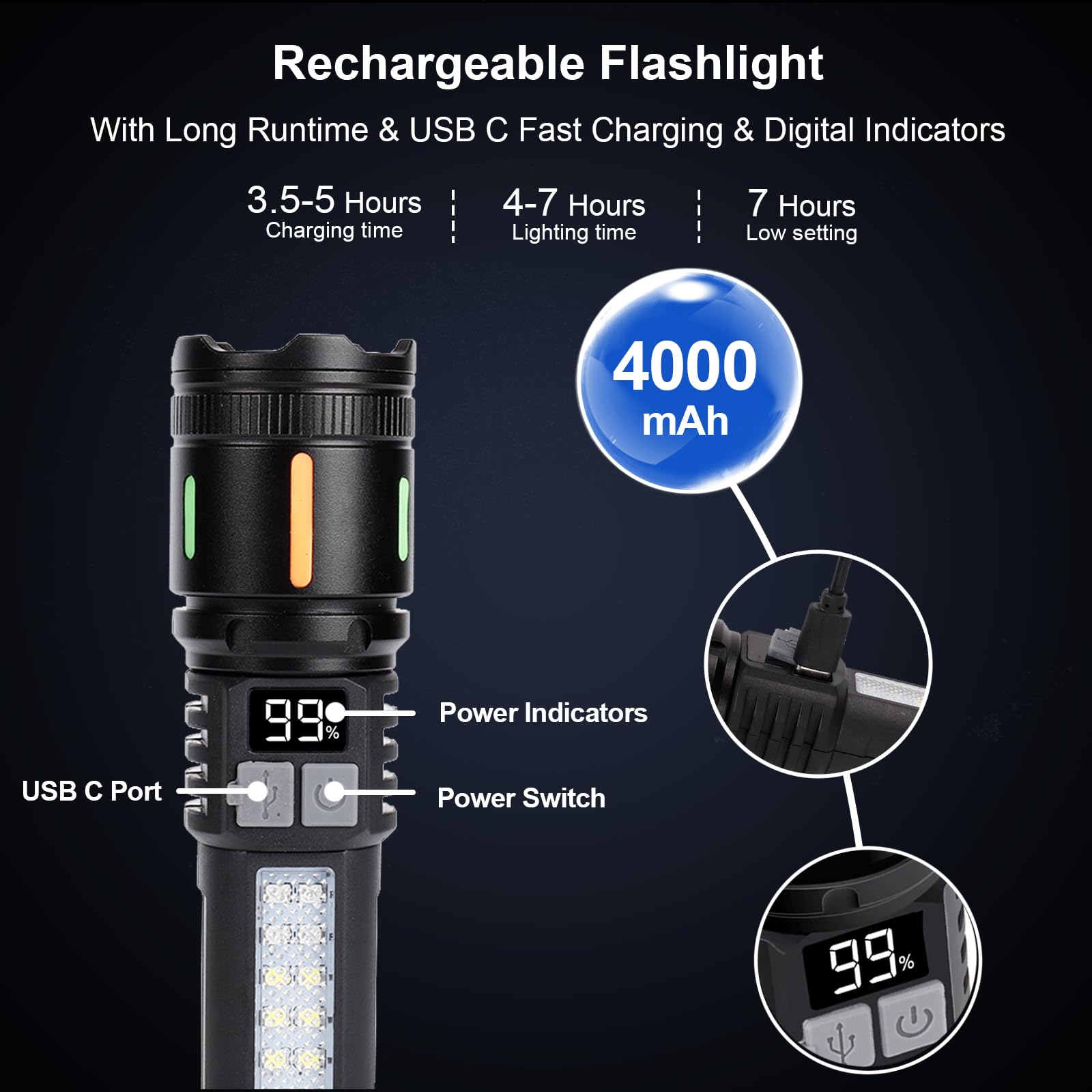 Ewenele Flashlights High Lumens Rechargeable 3 Packs, 990,000 Lumen Led Flashlight Battery Powered With 5 Light Modes, Side Light, Usb C, Waterproof, Zoomable, Blue & Red Strobe, Handheld Flash Lights