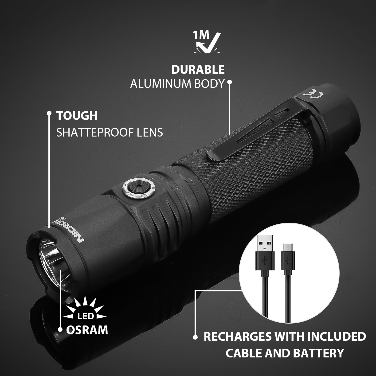 Nicron 1000 Lumens Rechargeable Tactical Flashlight: Led Flashlight Small, Bright, Powerful For Camping, Charged With Type C Cable