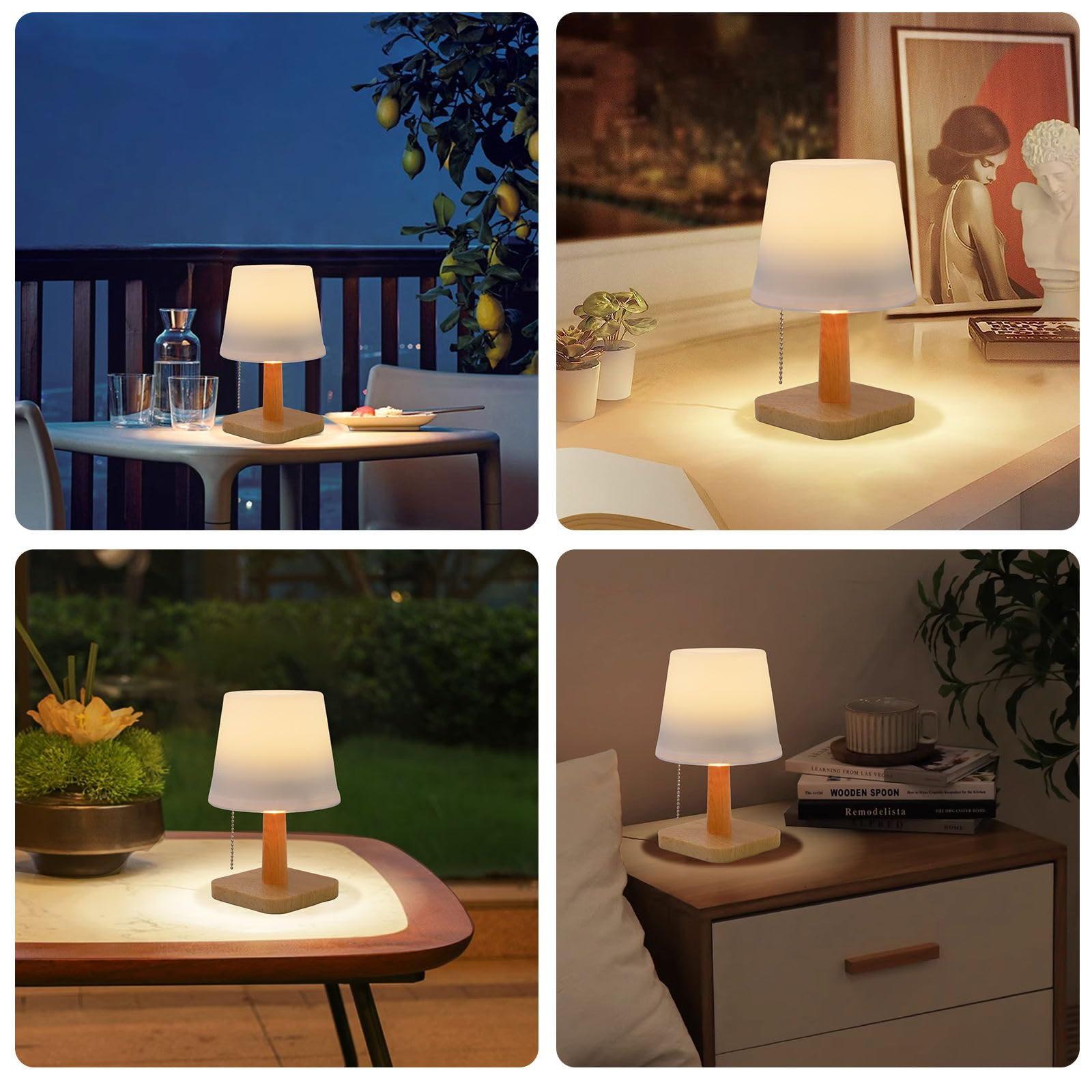 Pearlstar Solar Table Lamp Outdoor - 2 Pack Led Waterproof Cordless Solar Desk Lamp With Pull Chain 2 Lighting Modes, Auto On/Off For Outside Patio Coffee Table Garden Bedroom Living Room(White)