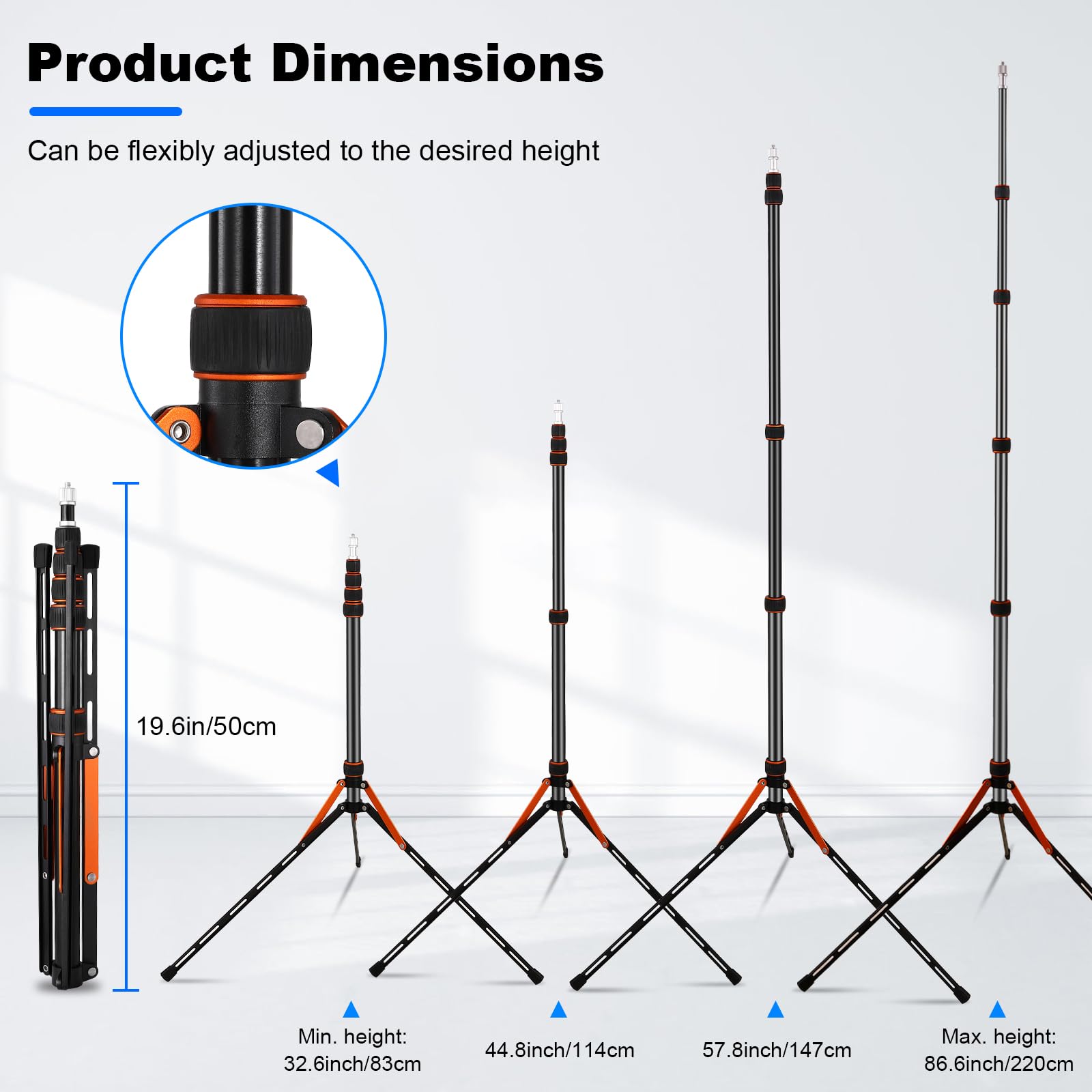 Soonpho Soopho Portable Photography Light Stand Adjustable 7Ft Aluminum Light Tripod Stand With 180° Reversible Leg Reversible Portable Studio Lighting Tripod ，Maximum Height 86.5“/220Cm For Flsah Softboxes