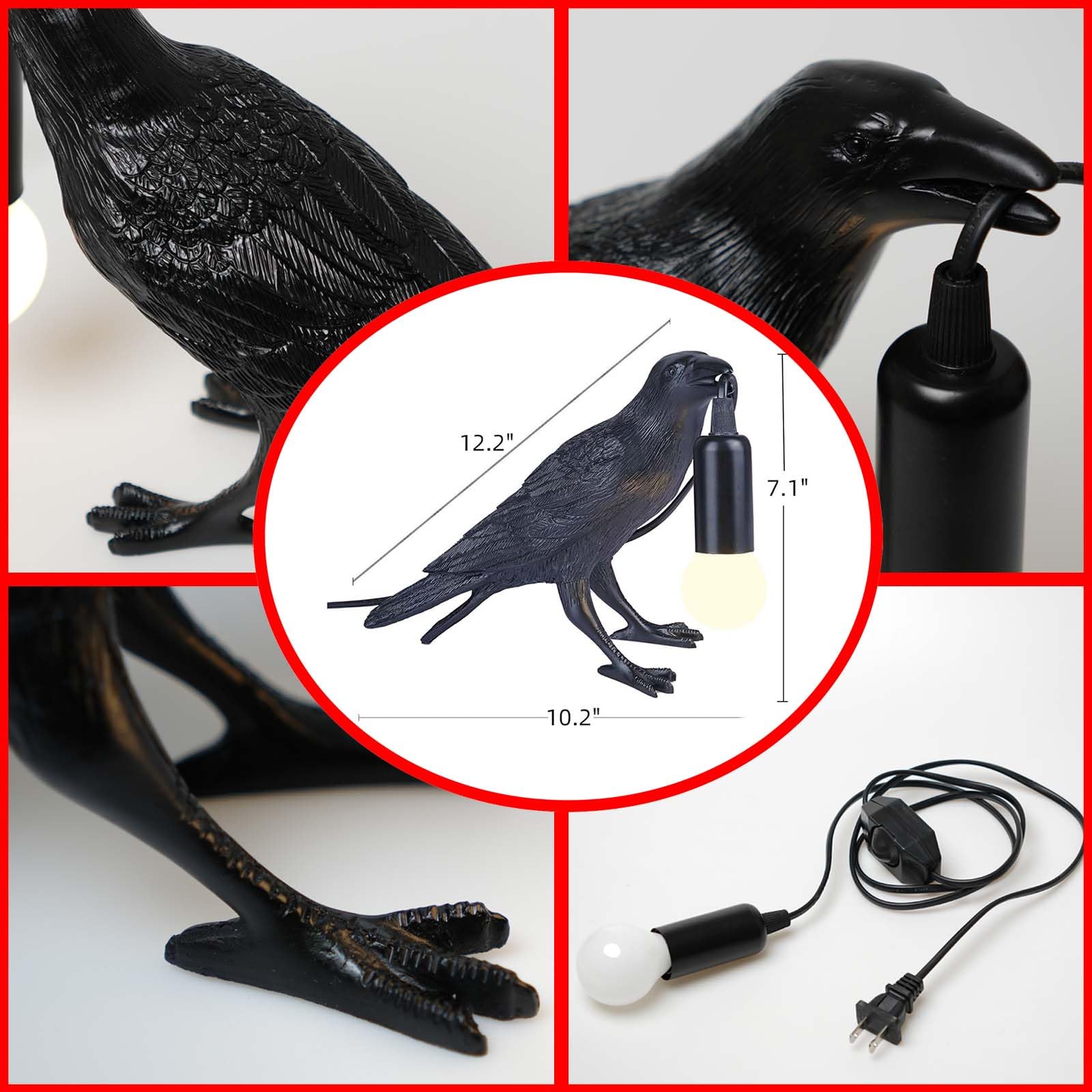 Kenjiey Raven Lamp - Adjustable Brightness With Bulb, Gothic Home Decor For Bedside, Bedroom, Living Room, Halloween Table Decor Light