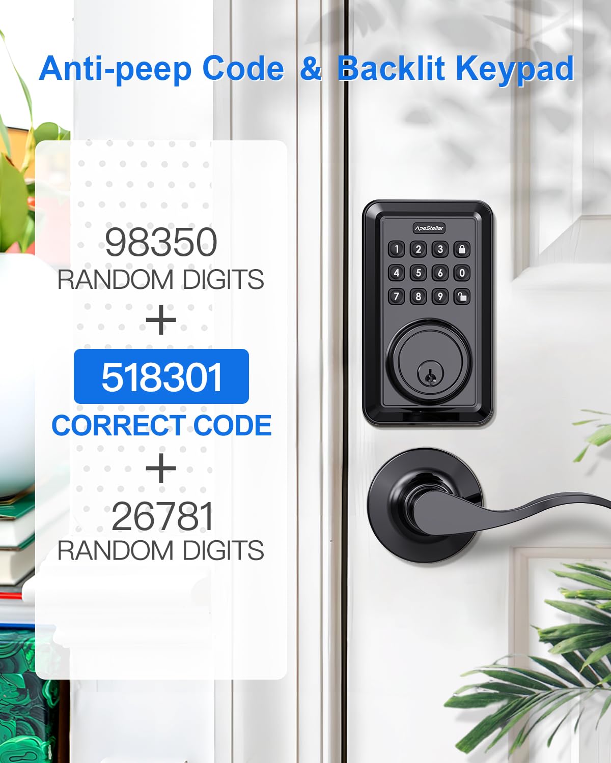 Apestellar Keyless Entry Door Lock With 2 Lever Handles - Electronic Keypad Deadbolt - Front Door Lock Handle Sets - Auto Lock, Anti-Peeking Password, Easy Installation - Matte Black