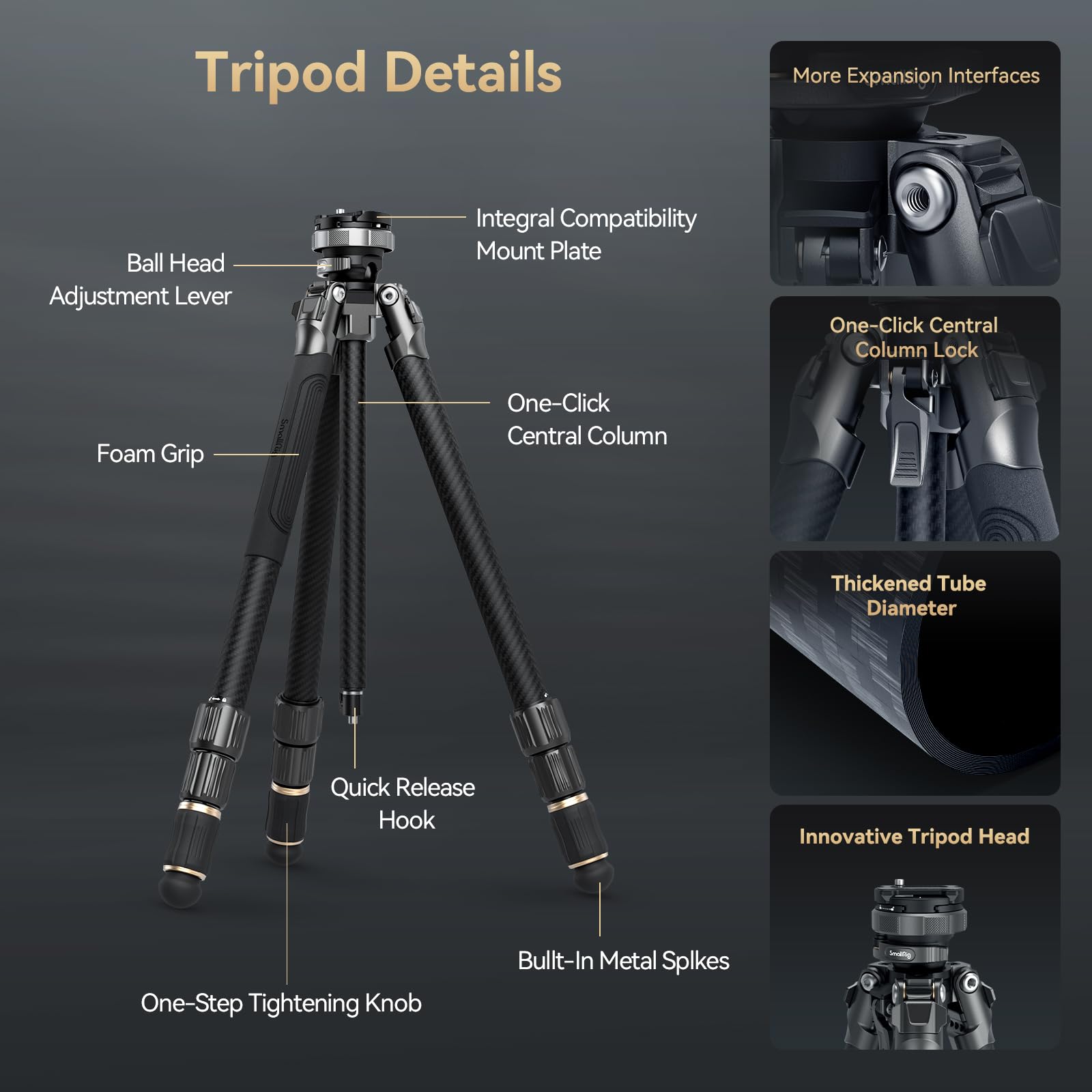 Smallrig Ap-100 rover Carbon Fiber Tripod, 59" Photography Tripods With One-Step Tightening System, Multi-Compatible Mount Plate, Professional Travel Tripod Max Load 17.6 Lbs For Camera