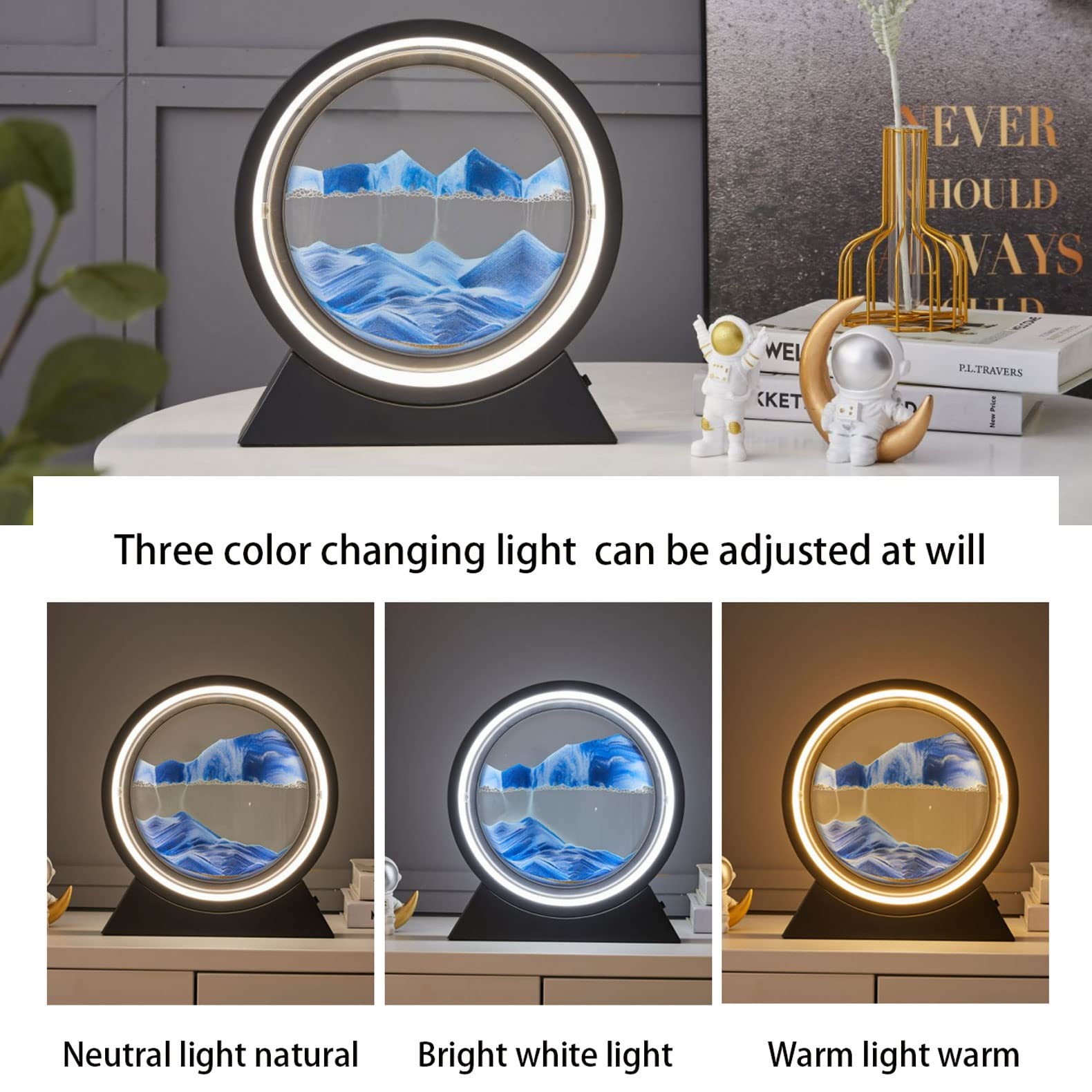 Gutsyluv 3D Mobile Sand Painting Table Lamp, Moving Sand Art Decor With Led Light, 360 Rotatable Quicksand Painting For Home Office Decor, Creative (Blue)