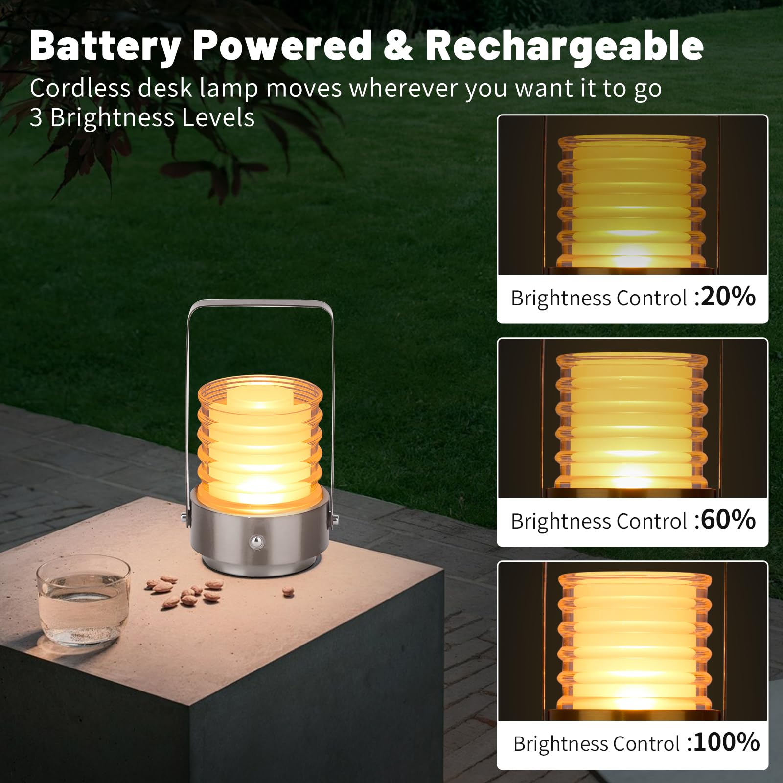 Hapygi Portable Metal Led Table Lamp ,Rechargeable Cordless Lamp, 3-Colour Infinitely Dimming Battery Powered Small Desk Lamp, Restaurant/ Nightstand Lamp/Bar/Coffee Shop/Camping Light (Sliver)