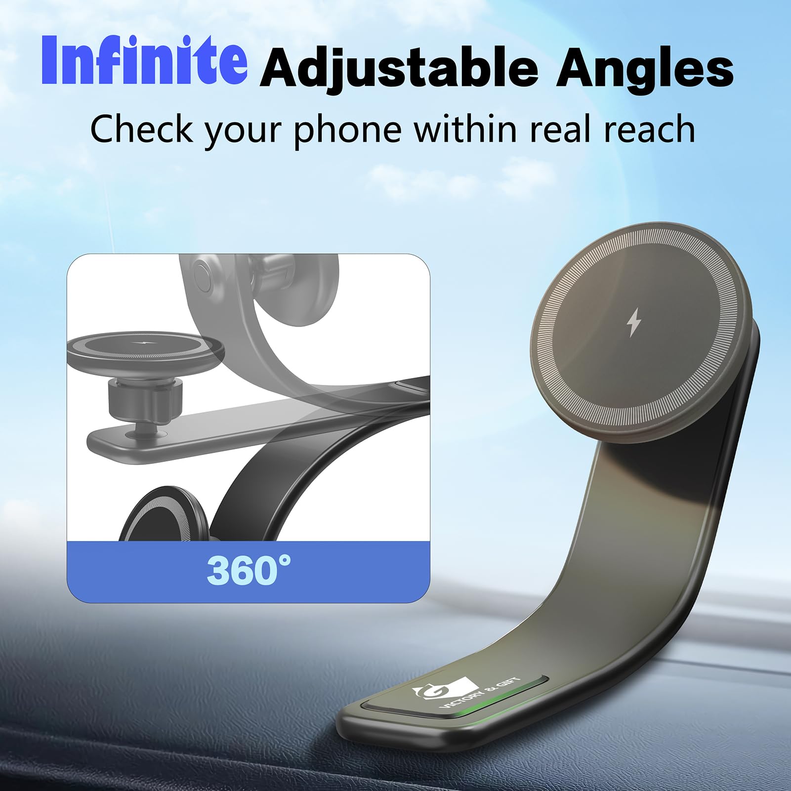 Victory &  15W For Magsafe Car Mount Charger: Relocatable Car Phone Mount With 360° Adjustable Aluminum Arm , For Car Phone Mount Charger Dashboard/Windscreen/Vent Fit,Magnetic Phone Holder For Car