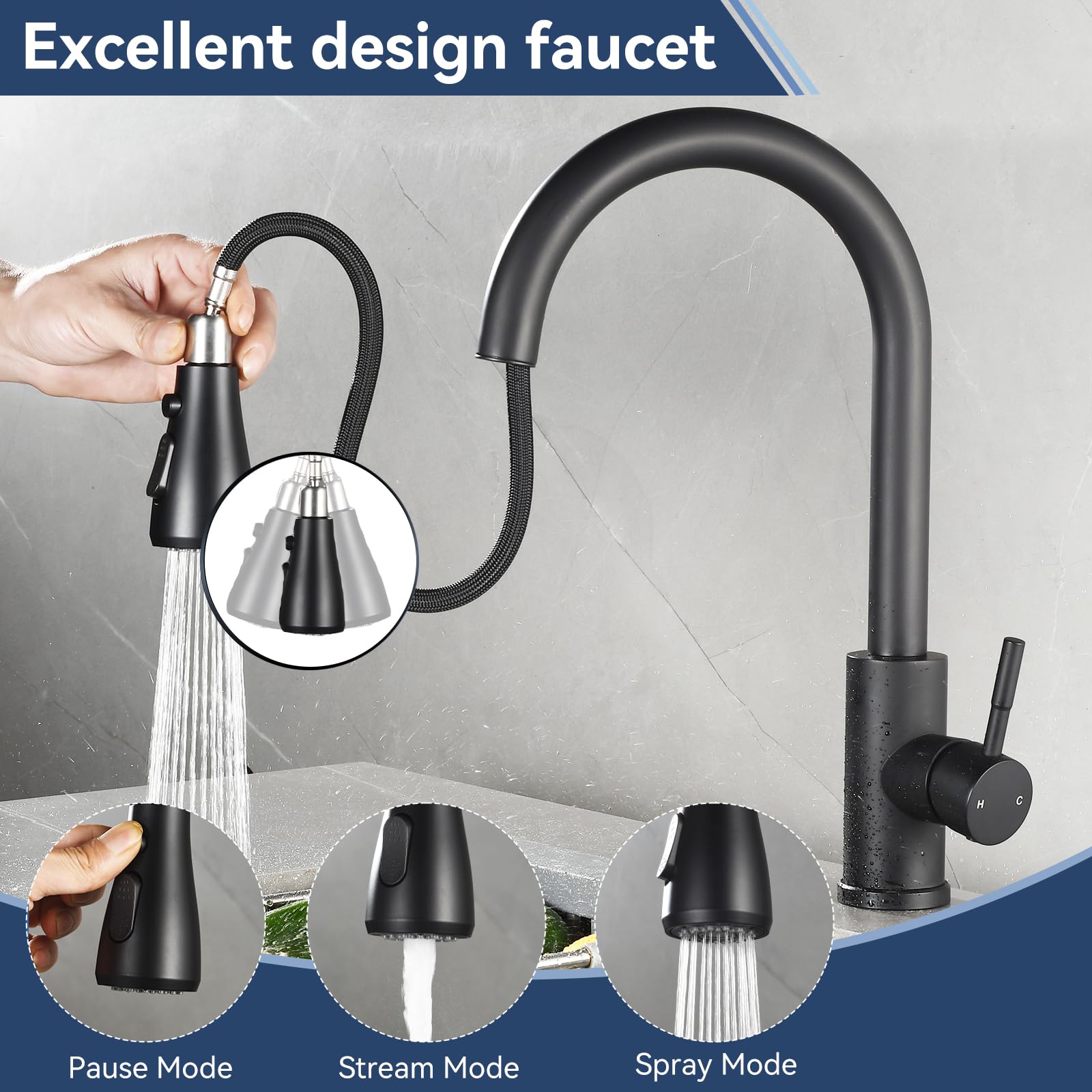 Jorilaisa Kitchen Faucet With Pull Down Sprayer Black 1 Or 3 Hole Single Handle Kitchen Sink Faucet,Grifos De Cocina, High Arc Stainless Steelmodern Faucet With Deck Plate Pull Out For Kitchen