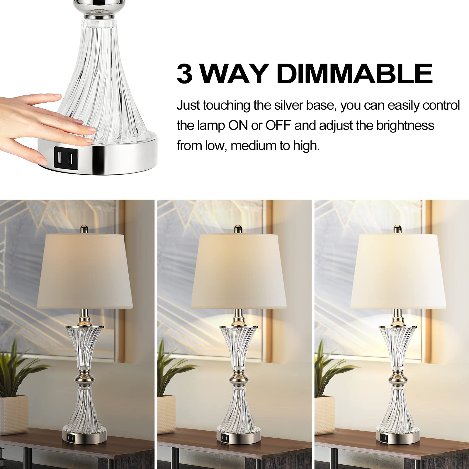 Hamucd Touch Control Table Lamp For Bedrooms 3 Way Dimmable White Drum Shade Modern Bedsides Nightstand Lamp Set Of 2 With 2 Usb Charging Port(Bulbs Included)