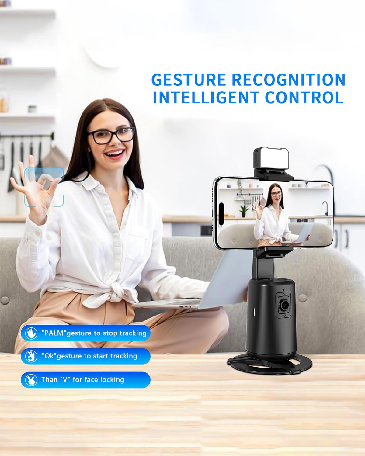 Lysoatur Auto Face Tracking Tripod 360° Rotation, 67" Tripod For Iphone Selfie Stick,Phone Tripod Stand Holder With Remote Gesture Control,No App, For Live Video Tiktok Live Vlog Streaming Video