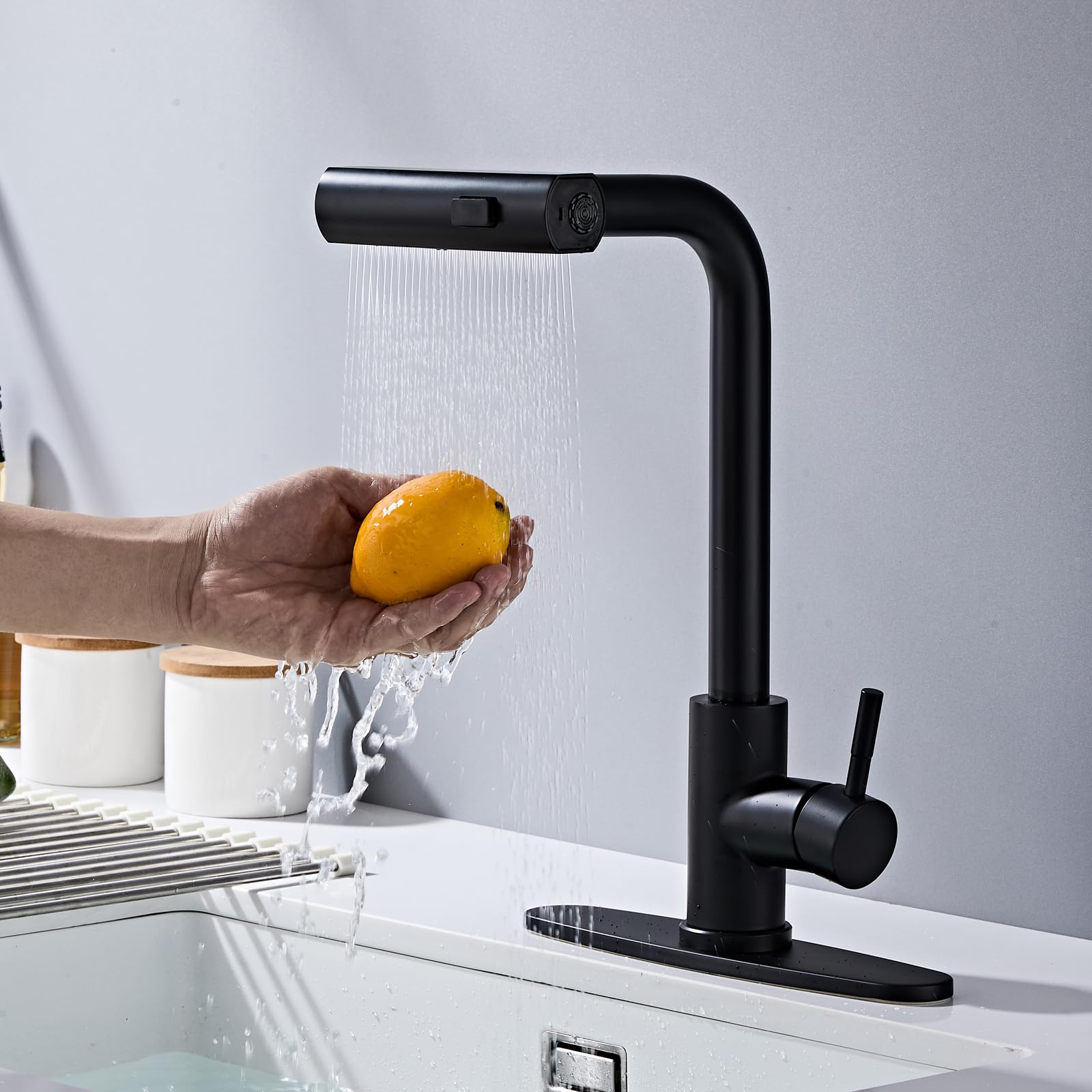 Louevido Multi-Mode Kitchen Faucet With Pull Down Sprayer, 3 Functions, Stainless Steel, Black