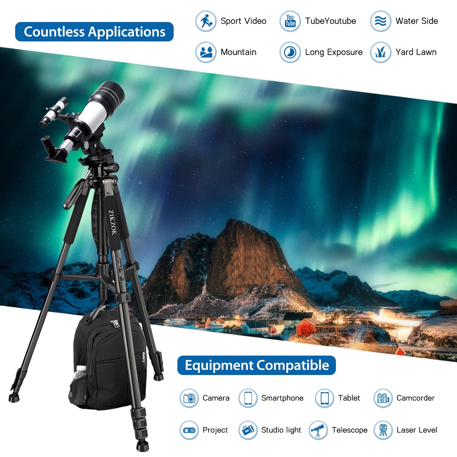 Zikzok 75" Camera Tripod, Tripod For Iphone Ipad, Aluminum Professional Heavy Duty Camera Tripod Stand With Wireless Remote/Carry Bag Compatible With Dslr/Slr/Dv/Gopro (Black)