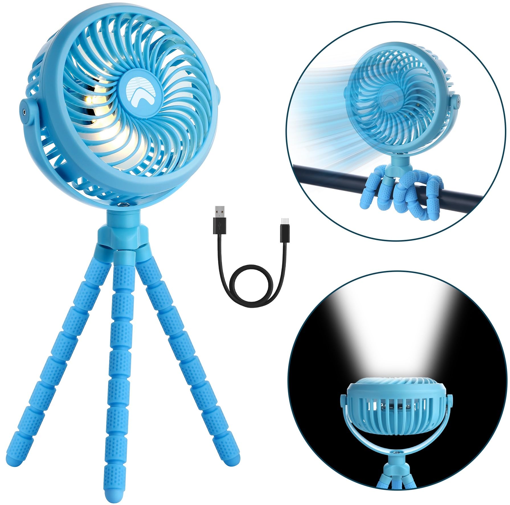 Ayl portable battery-operated fan with 360° rotation, USB rechargeable, and built-in lights for stroller use