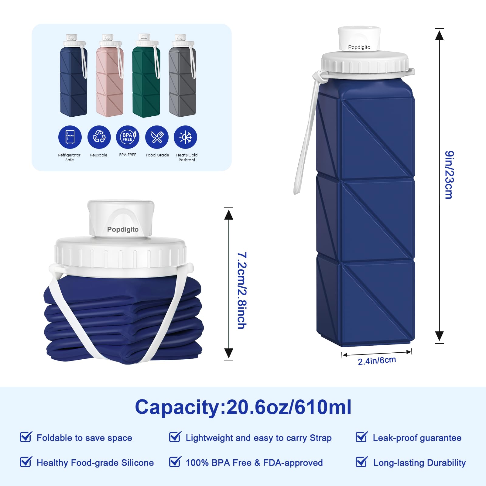 3 Pack Collapsible Water Bottles,Silicone Foldable Portable Water Bottle 20.6Oz, Lightweight