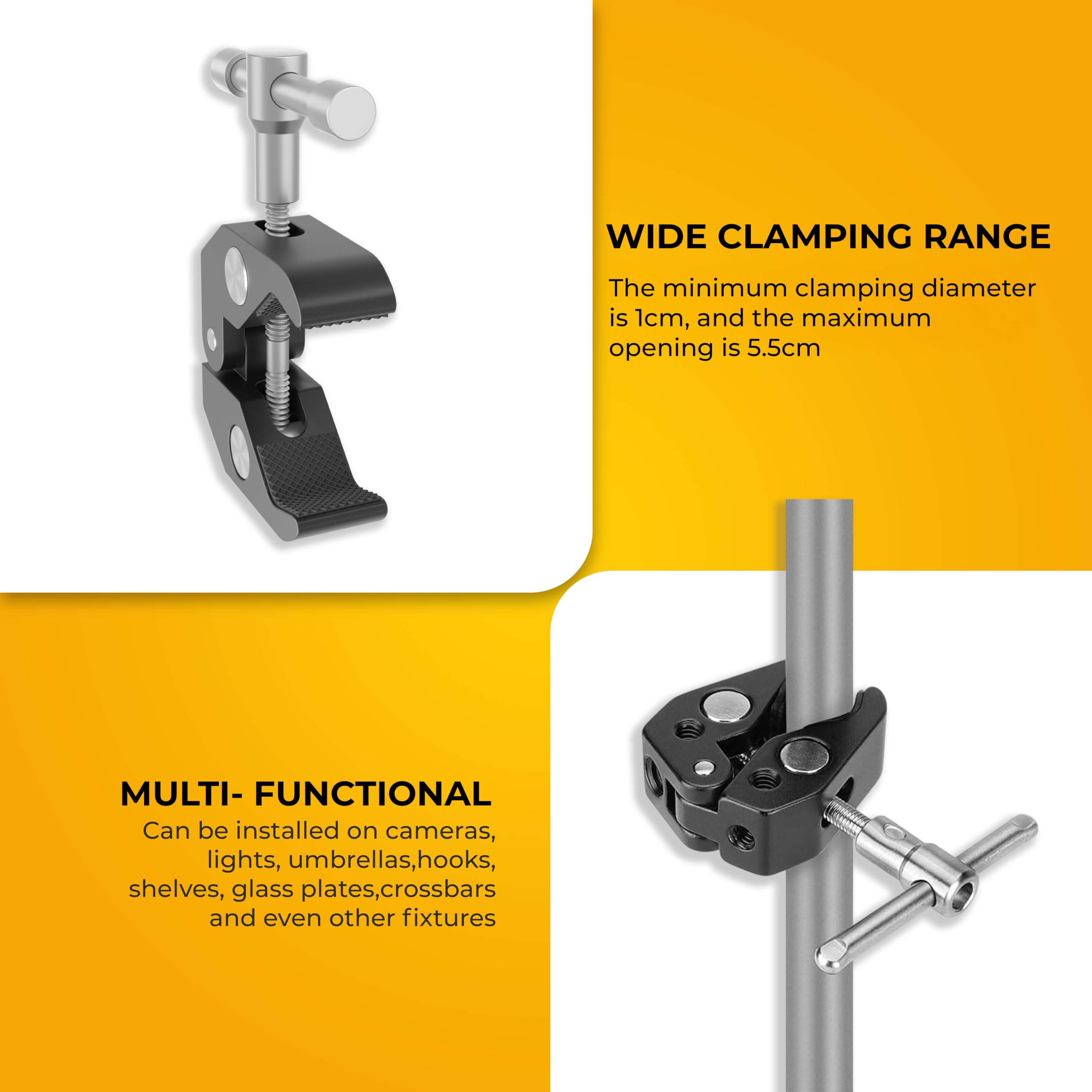 Reflex Camera Super Clamp With 1/4" And 3/8" Thread Ideal Magic Arm Clamp With Rotary Handle For Photography, Tripod, Lights, Umberellas, Dslr Cameras, Shelves, Rods, Light Stands - Fully Adjustable