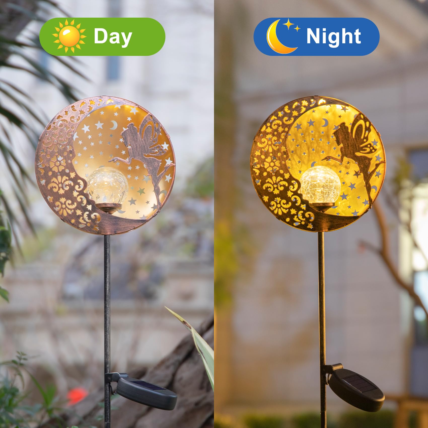 Tryme Solar Fairy Garden Lights - Moon Star Glass Globe Pathway Stake, Waterproof Outdoor Decorative Lights For Patio, Yard, Lawn