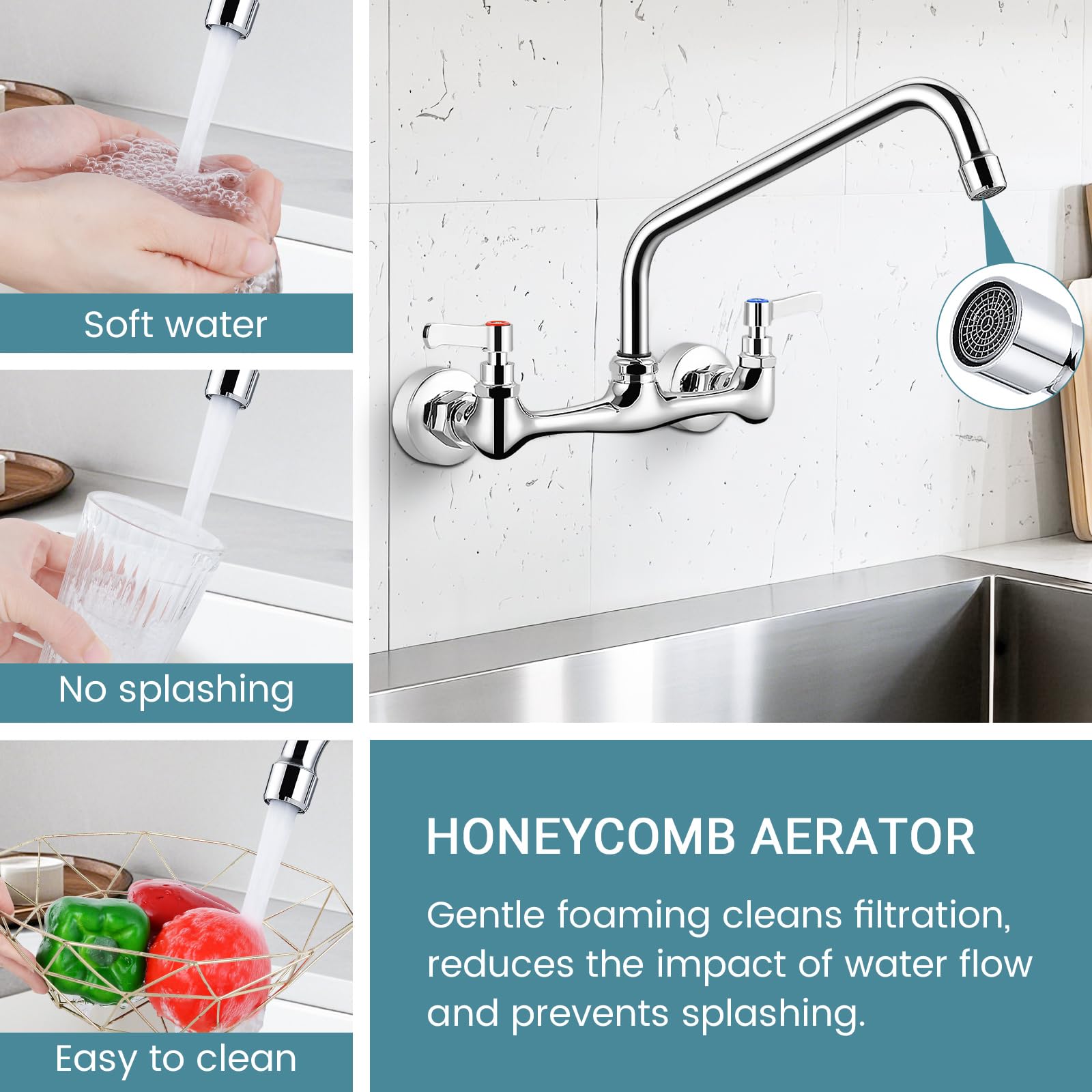 Fgkq Wall Mounted Kitchen Faucets, Kitchen Faucet With 12 Inch Goose Neck, Commercial Kitchen Sink Faucets With 360 Degree Spout, Adjustable Install Distance, Chrome