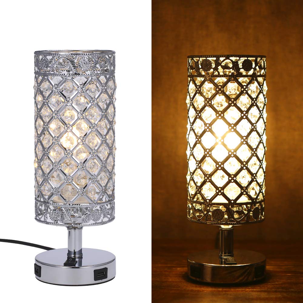 Tomshine Usb Crystal Table Lamp Set Of 2 Bedside Lamp With Usb Charging Ports, Modern Elegant Nightstand Lamp Desk Lamps，Silver Crystal Lamps For Bedroom Living Room Home Office (Silver)