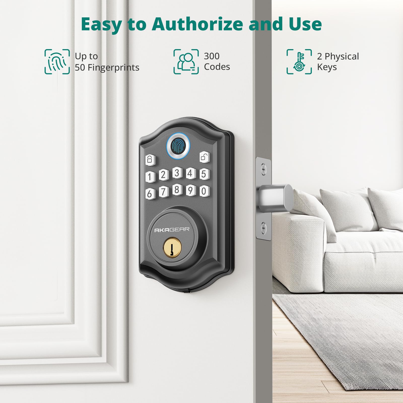 Akagear Ds10 Keyless Entry Door Lock With Fingerprint, Electronic Keypad, 2 Keys, Auto-Lock & One Touch Locking, Easy Installation, Matte Black