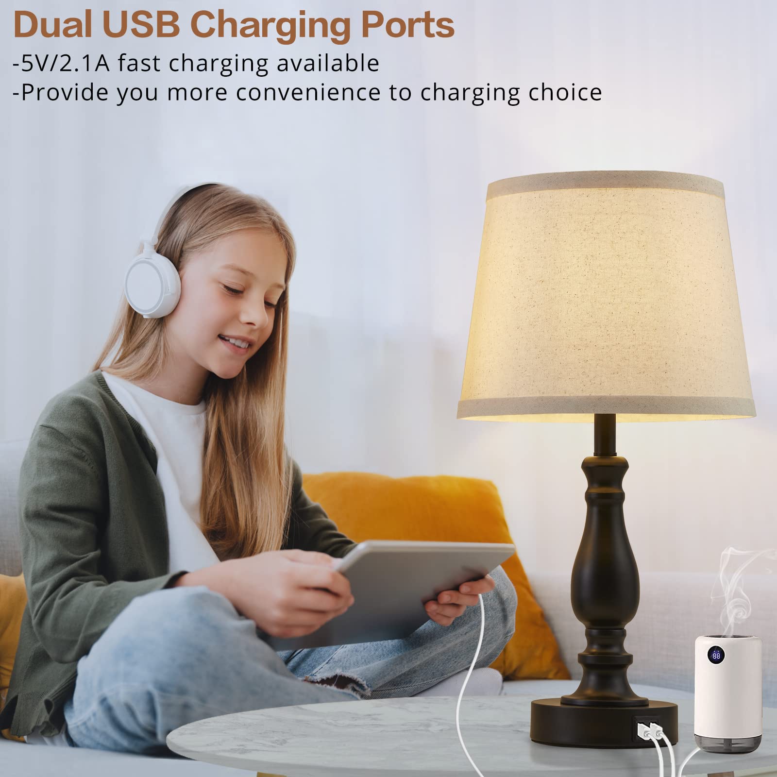 Ejiaxin Lamps For Bedrooms Set Of 2, Touch Bedside Table Lamp With Usb Ports, 3 Way Dimmable Nightstand Lamps With Round Fabric Linen Lampshade For Living Room Reading Bed Side End Table, Bulbs Included
