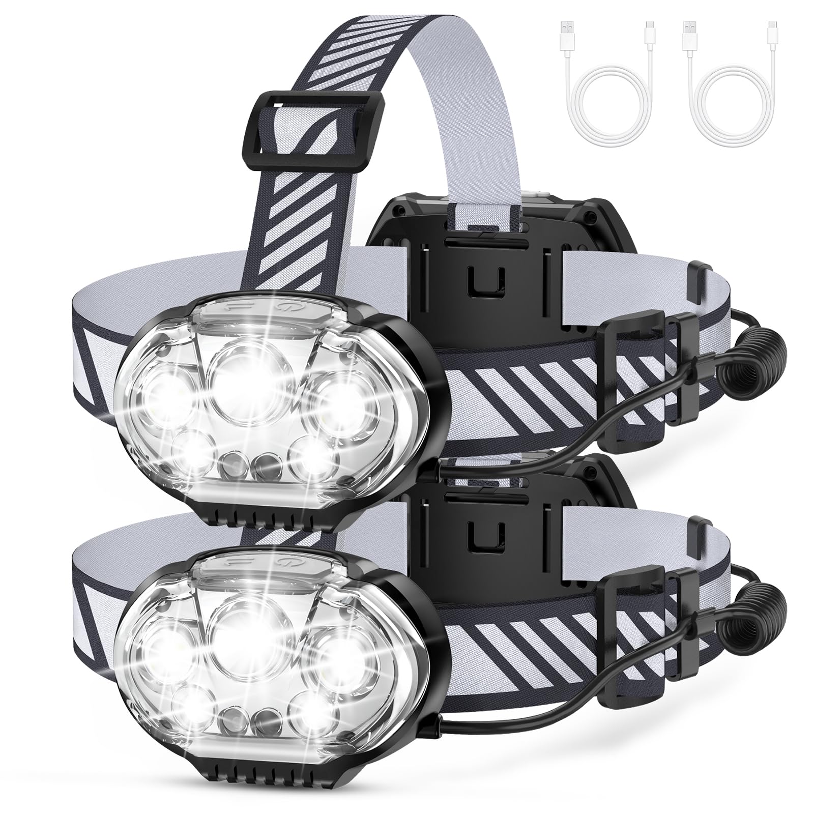 Mioisy Rechargeable Headlamp, High Lumen 5 Led Head Lamp With Red White Light,Ipx4 Waterproof Headlight,8 Mode Head Flashlight For Outdoor Running Hunting Fishing Hiking Camping Gear-2Pack
