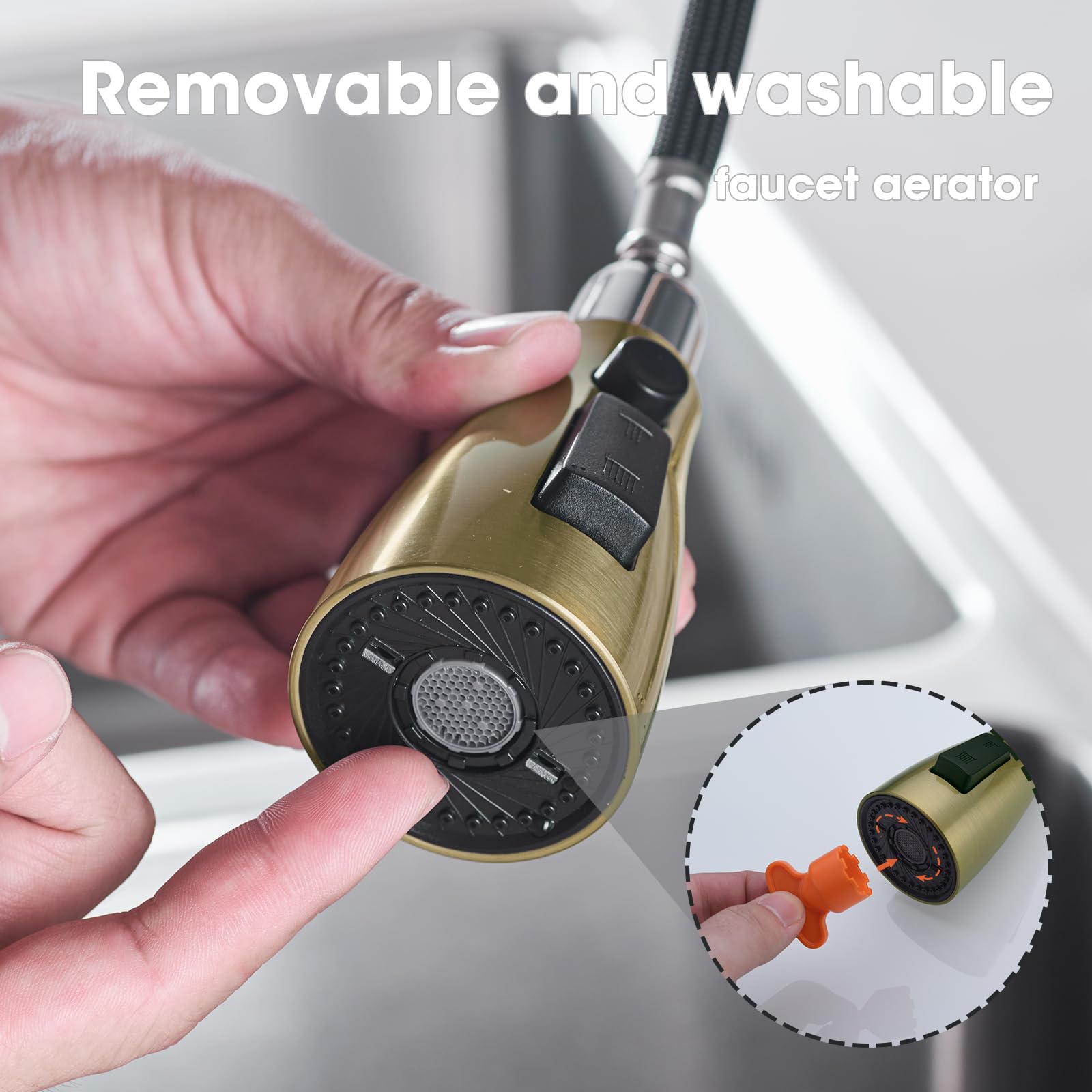 Clovermap Pull Down Kitchen Faucet Sprayer Head Replacement, 3 Function (Blade Spray) Pull Out Sink Spray Nozzle With 9 Adapters, Kitchen Tap Spray Spout Part Connector (Brushed Gold)