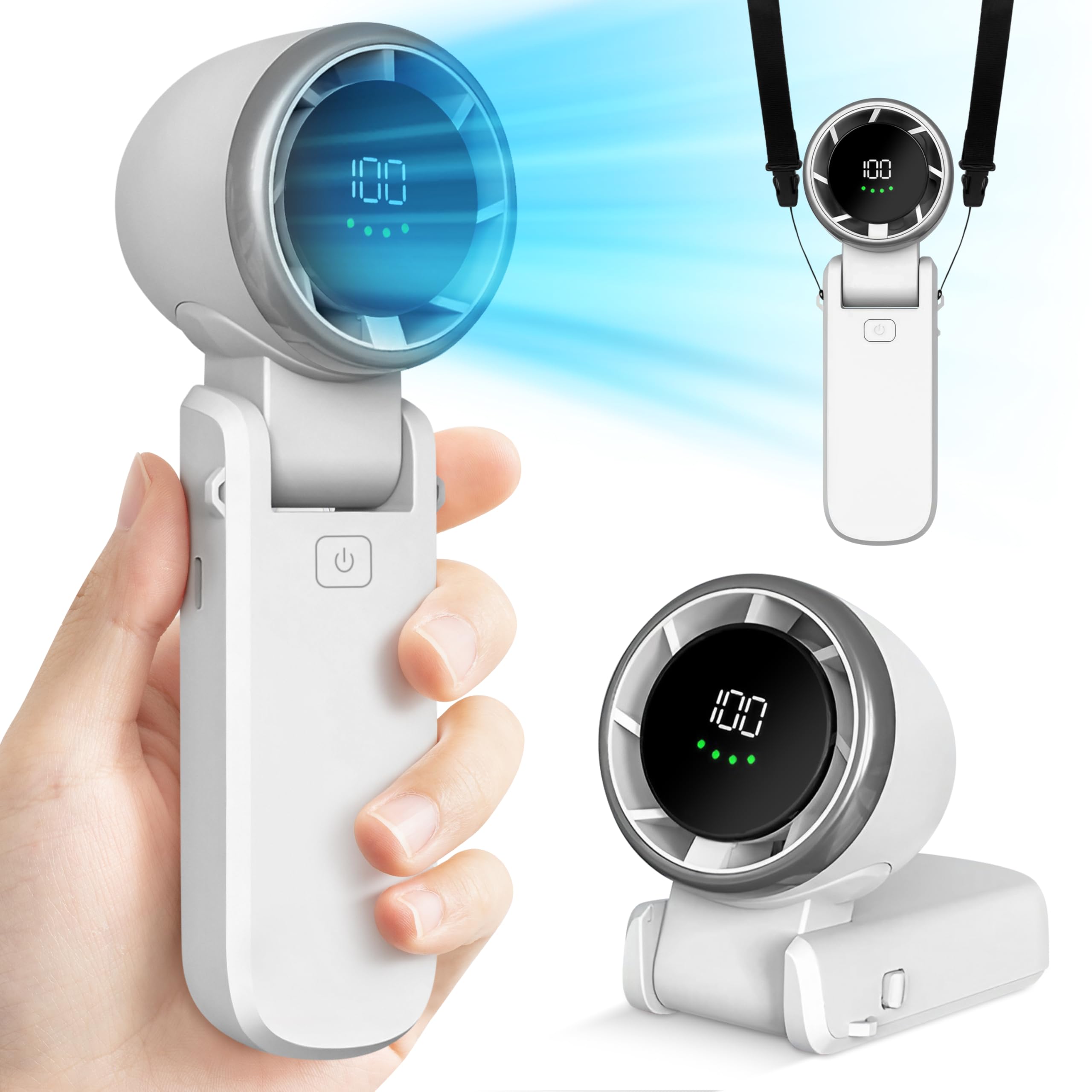Mini Handheld Portable Fan - Small Foldable Personal Hand Desk Neck Fan With Led Display, 3600Mah - Koospark