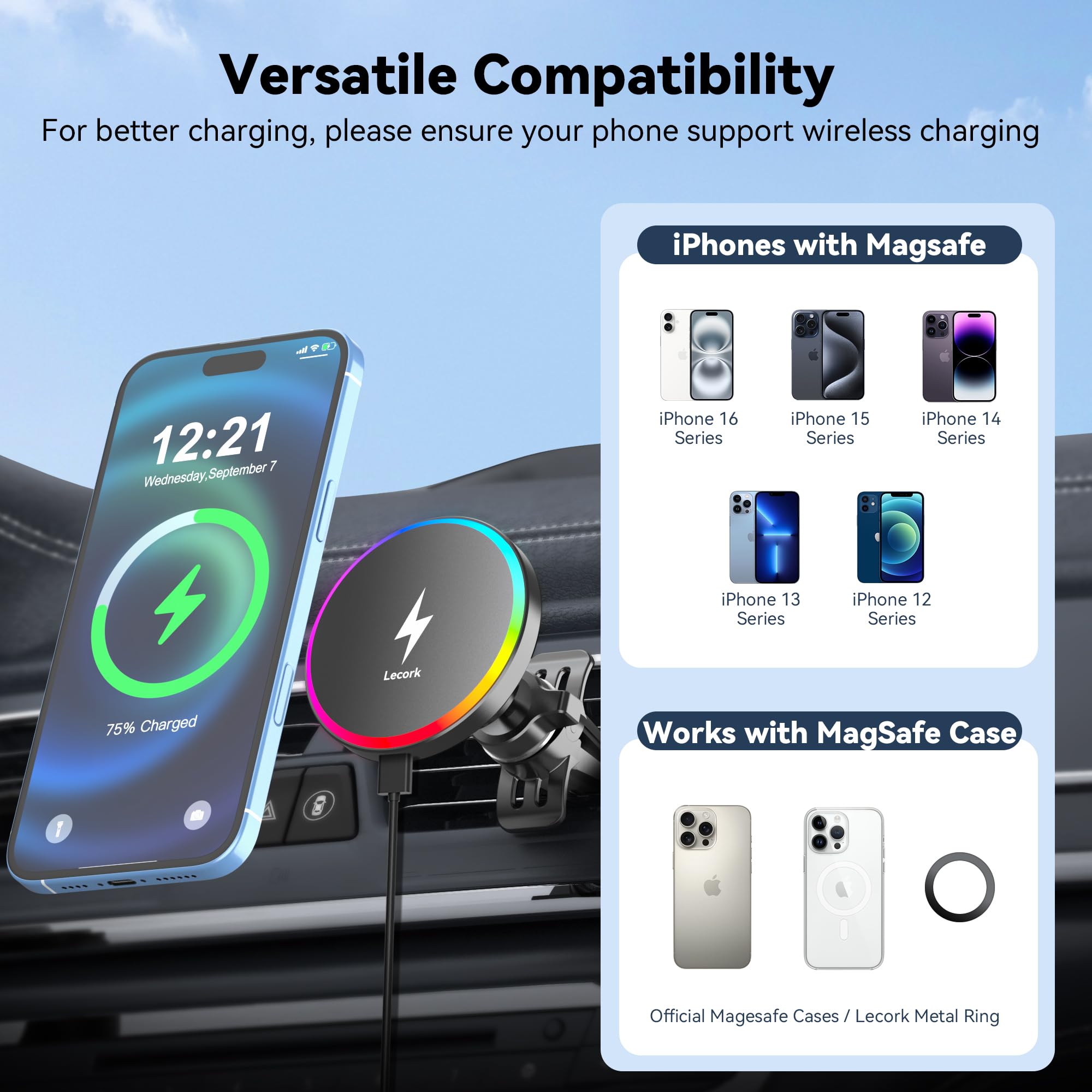 Lecork For Magsafe Car Mount, 15W Magnetic Wireless Charger For Iphone, Magsafe Air Vent Car Holder Charger For Iphone 16 Pro Max/16/15/14 13 12, Samsung S25/S25+/Ultra, Rgb Led Design