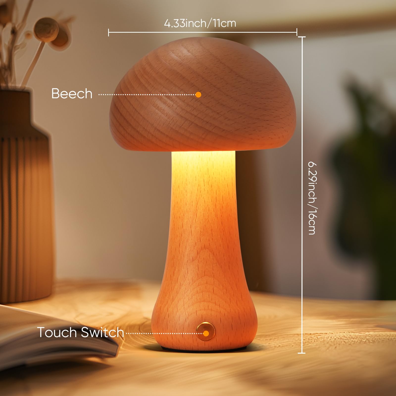 Lonrisway Small Wood Mushroom Lamp, Led Cordless Bedside Touch, Portable Dimmable Battery Mushroom Lamp For Bedroom Nightstand