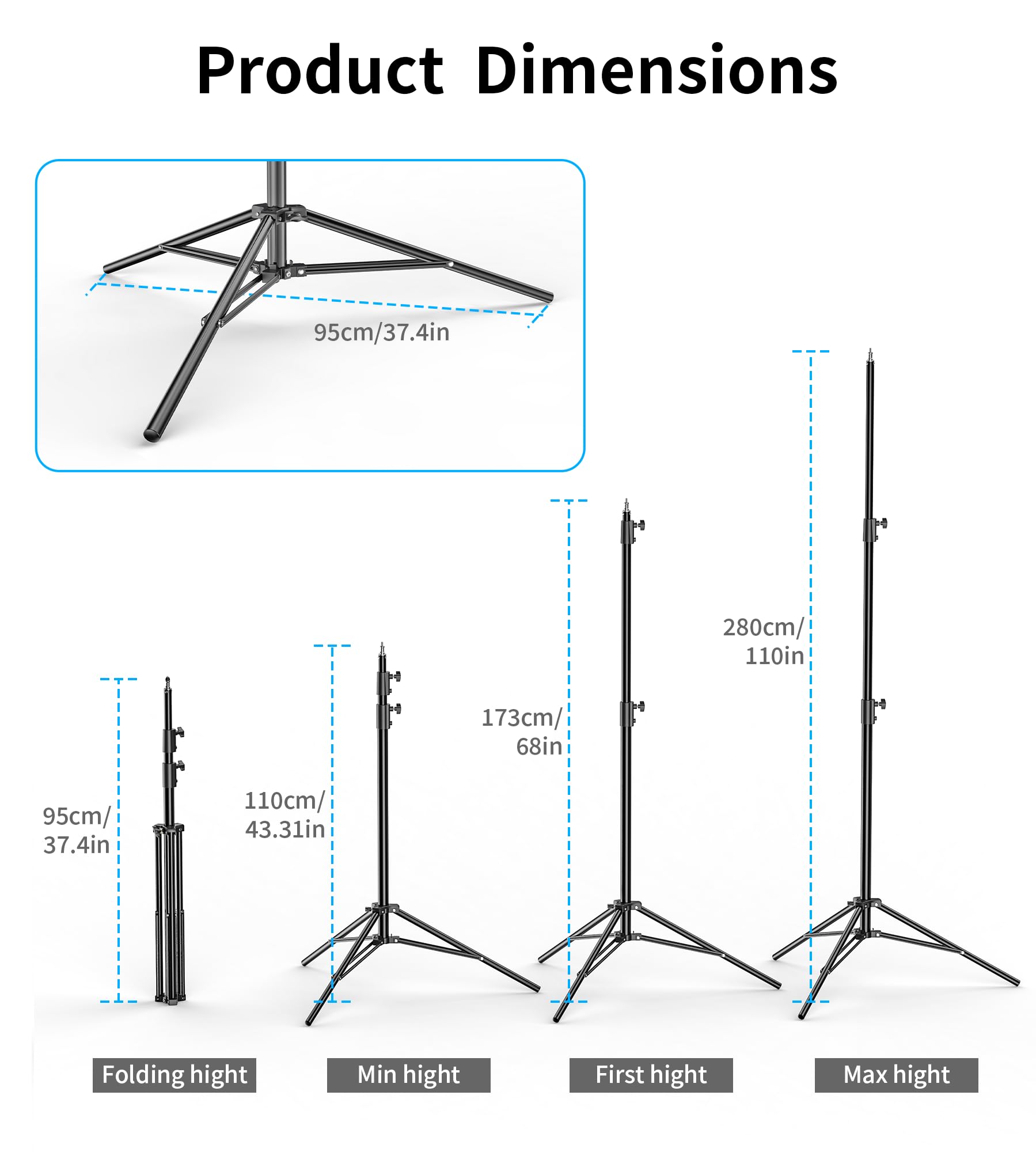 Zecti Light Stand Photography 110/9.2Ft Inches Photo Video Light Tripod Stand With Cellphone Clip Adapter With Both 1/4 And 3/8 Screw Holes Mount