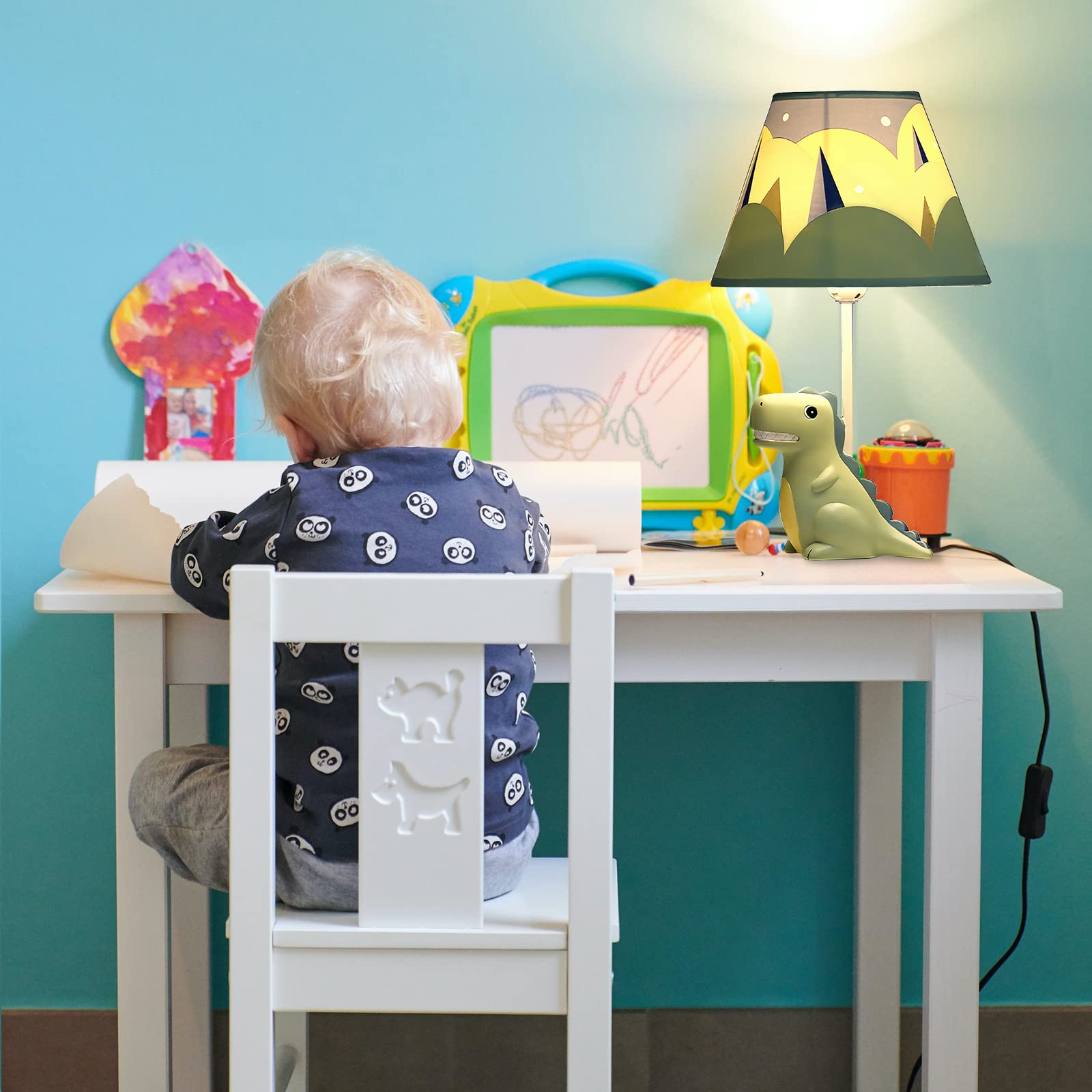 Herbestbay Kids Table Lamp, Dinosaur Lamp Design Bedside Table Lamp, 13 Inch Tall Desk Lamp With Barrel Lampshade For Boys Bedroom Décor, Come With An Led Bulb (Green Dinosaur)