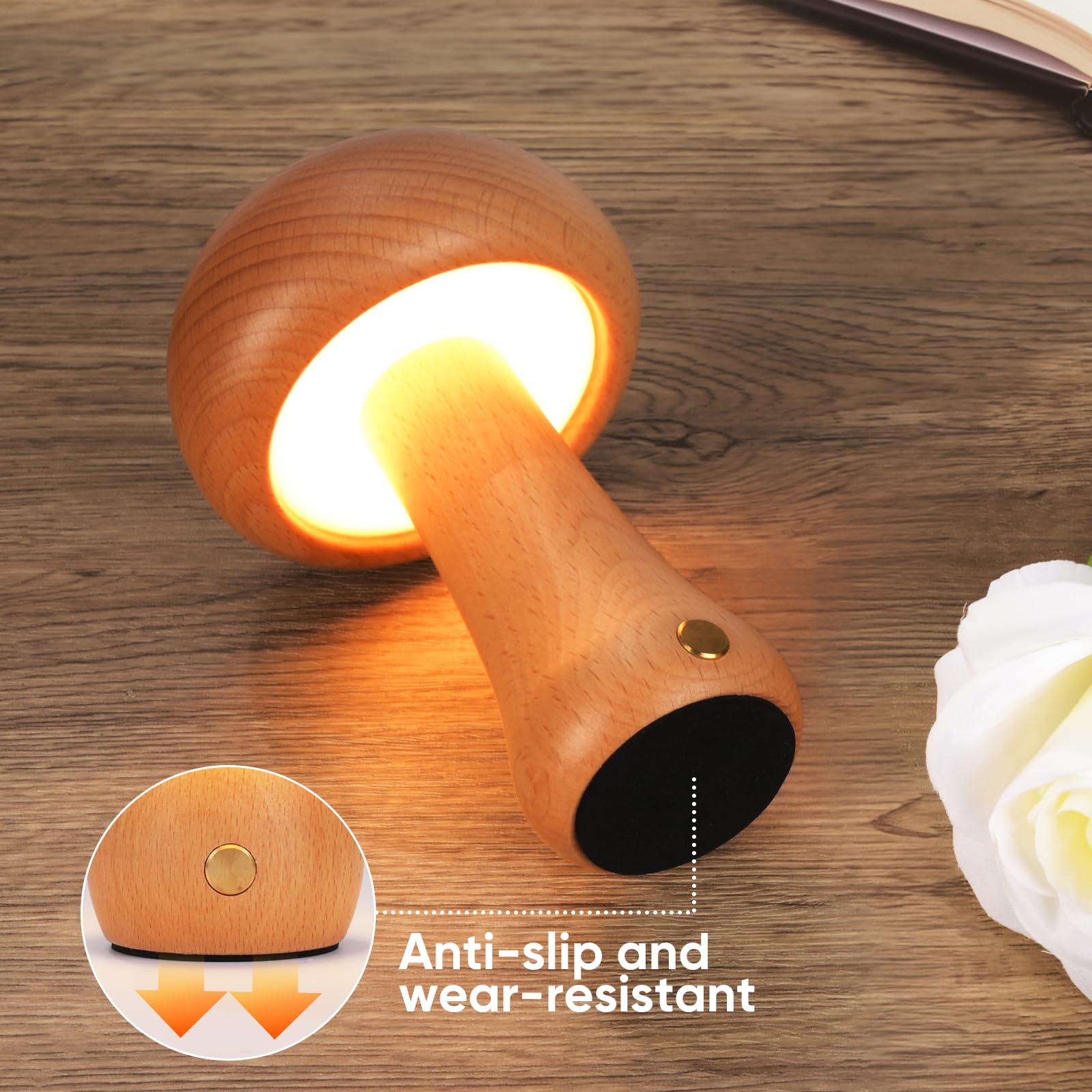 Lonrisway Small Wood Mushroom Lamp, Led Cordless Bedside Touch, Portable Dimmable Battery Mushroom Lamp For Bedroom Nightstand