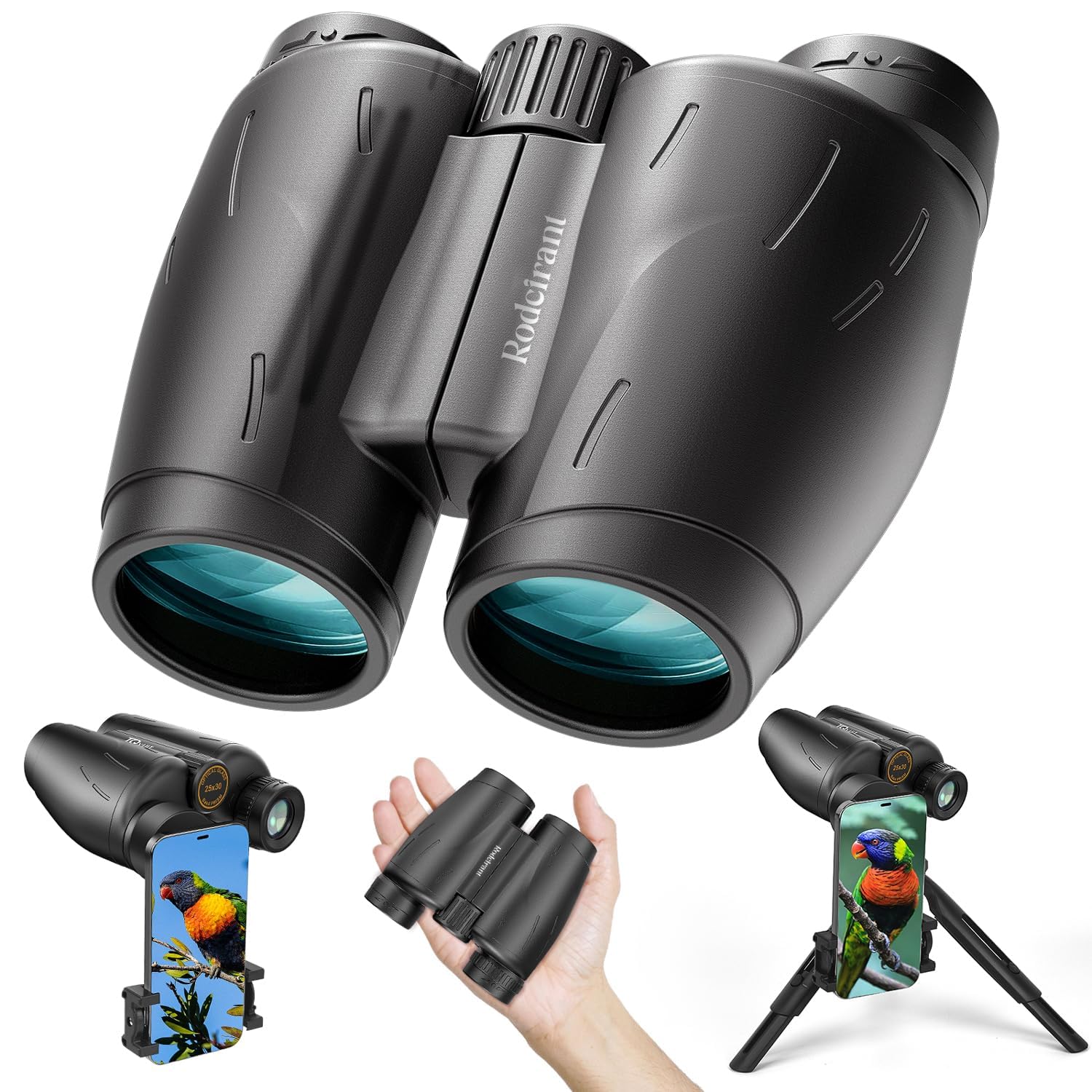 Rodcirant 25X30 Hd Binoculars For Adults With Universal Phone Adapter,Tripod And Tripod Adapter- Large View Waterproof Binoculars With Super Bright For Bird Watching,Hunting,Theater And Concerts