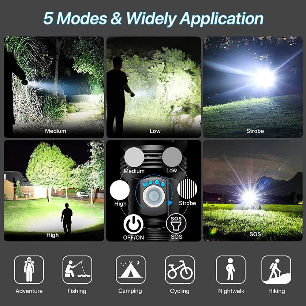 Pxhtmpk Rechargeable Led Flashlight High Lumens, 500000 Lumens Super Bright Flash Lights, Zoomable, 5 Modes, Powerful Handheld Flashlight For Camping