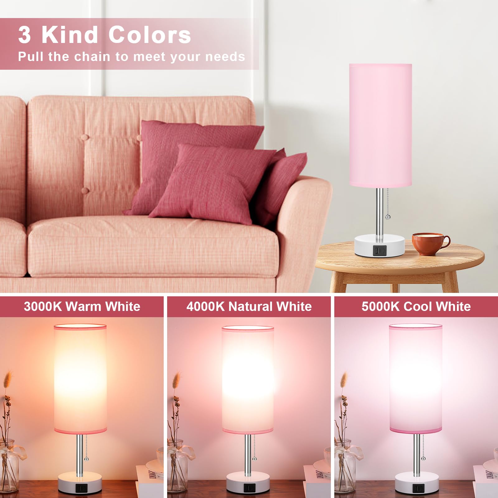 Hong-In Pink Bedside Lamp - 3 Color Modes, Small Lamp With Usb-C And Usb-A Charging Ports, Pull Chain, Nightstand Light For Bedroom, Office, Kids Room (Bulb Included)