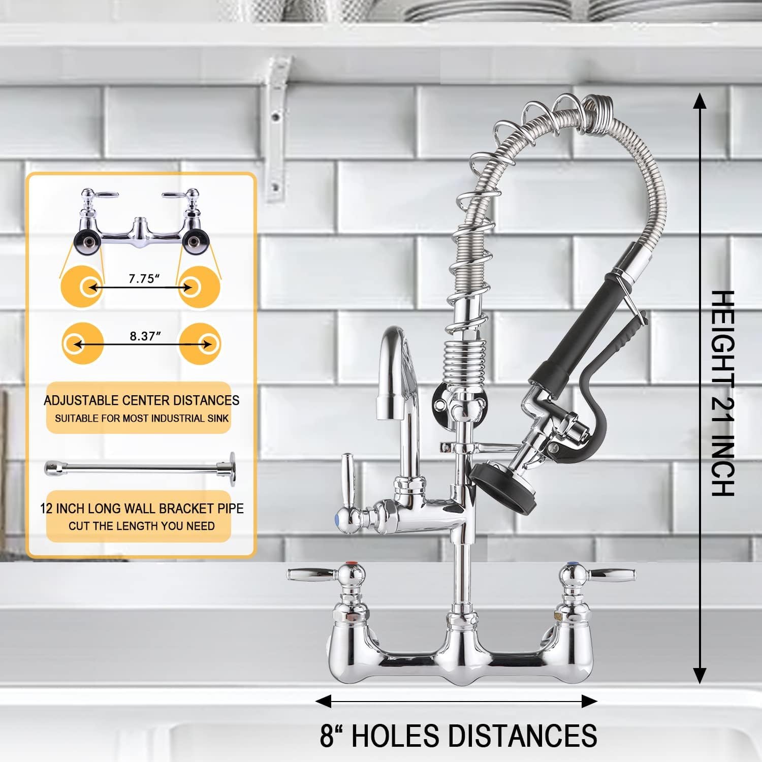 Palukia Commercial Sink Faucet Wall Mount With Sprayer 26" Height, 12" Swing Spout 8" Adjustable Center Wall Mount Faucet With Pull Down Pre-Rinse Sprayer Brass Constructed For 1/2 Compartment Sink