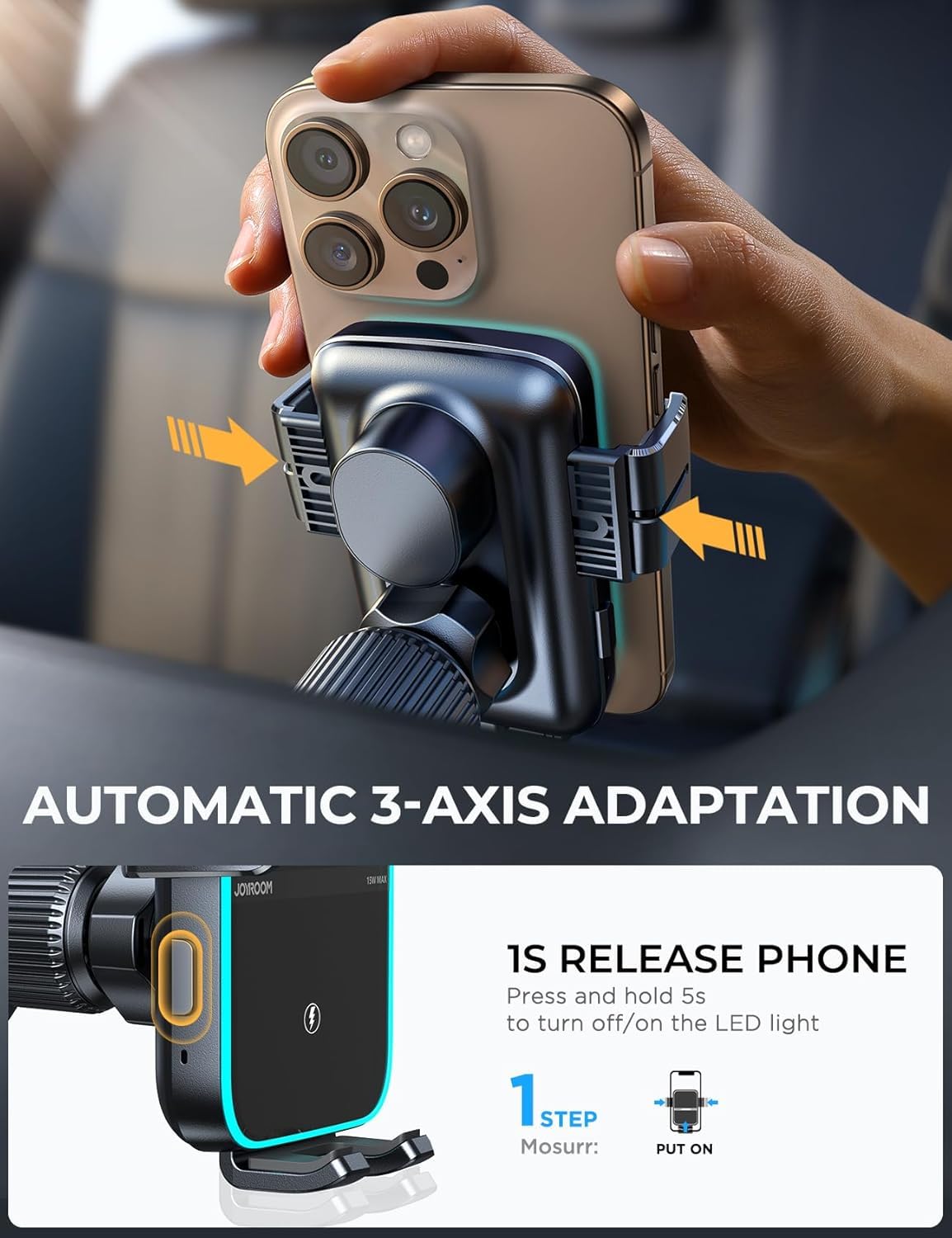 Joyroom Wireless Car Charger Mount【Dual Coil】 Car Phone Holder Charger With Auto Smart Clamping Alignment For Iphone 16 Pro Max 15 14 13 12 11 Pro Max, Samsung Flip, Galaxy S24/S24/S22/21Ultra
