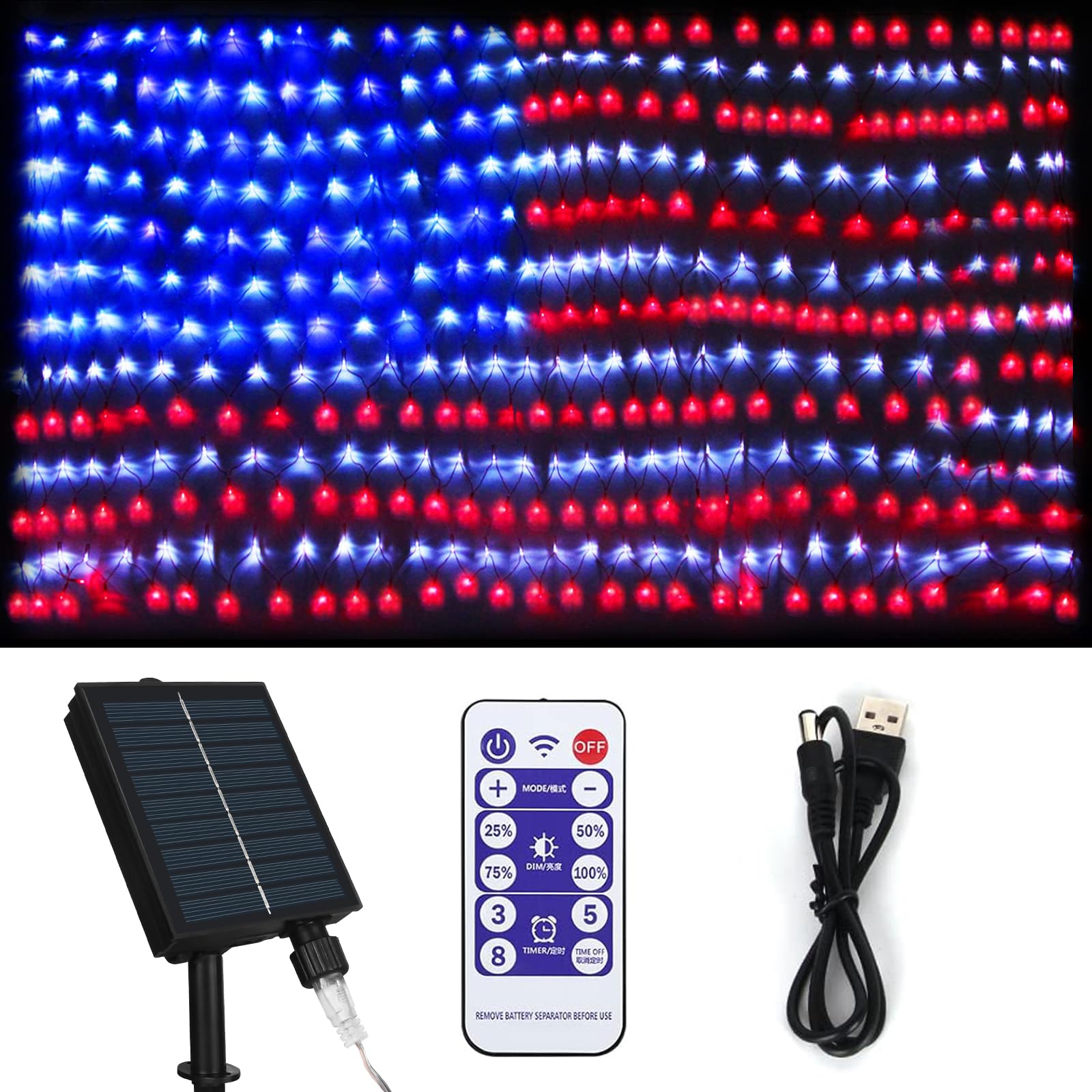 Green Convenience American Flag Lights With 390 Led String Light,2-In-1 Ft Usb & Solar Powered Us Flag Lights,4Th Of July Decorations,Waterproof Net Light For Independence Day National Day