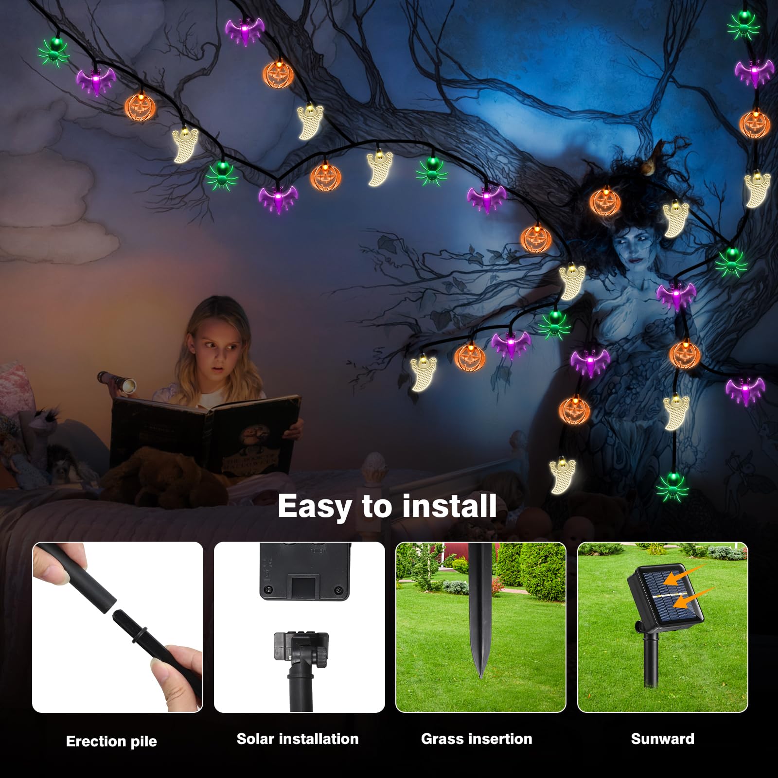 Betrihyes Solar Halloween String Lights Outdoor,Halloween Decorations Spooky Lights With 26Ft 40Led Pumpkin Bat Ghost Spider Magic Outside Decorations,Solar Halloween Lights For Home Party Yard Decor