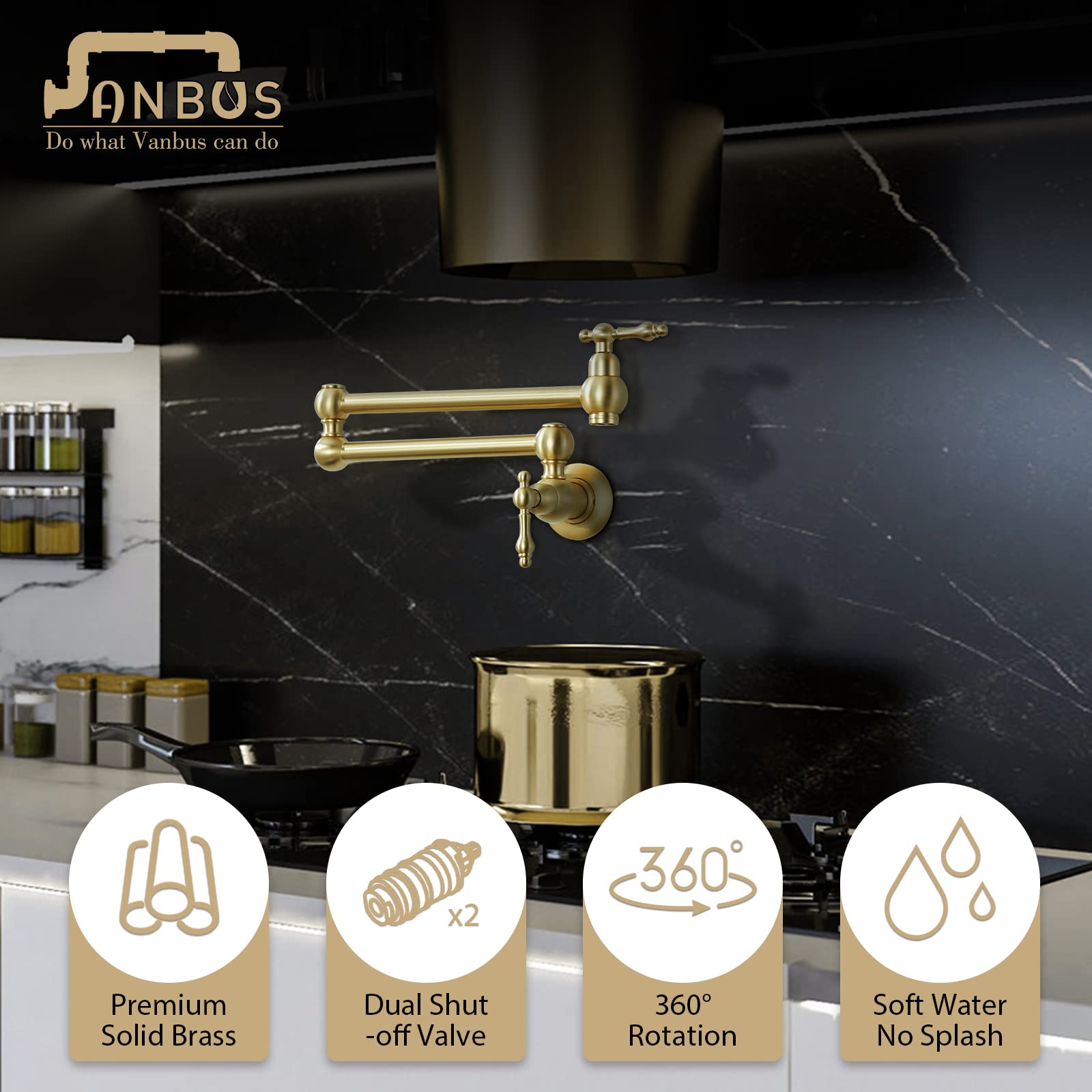 Vanbus Kitchen Pot Filler Faucet, Dual Valve Wall Mount Pot Filler Faucet, Potfiller, Two Handles Strechable Double Joint Swing Arms (Vintage, Brushed Gold)