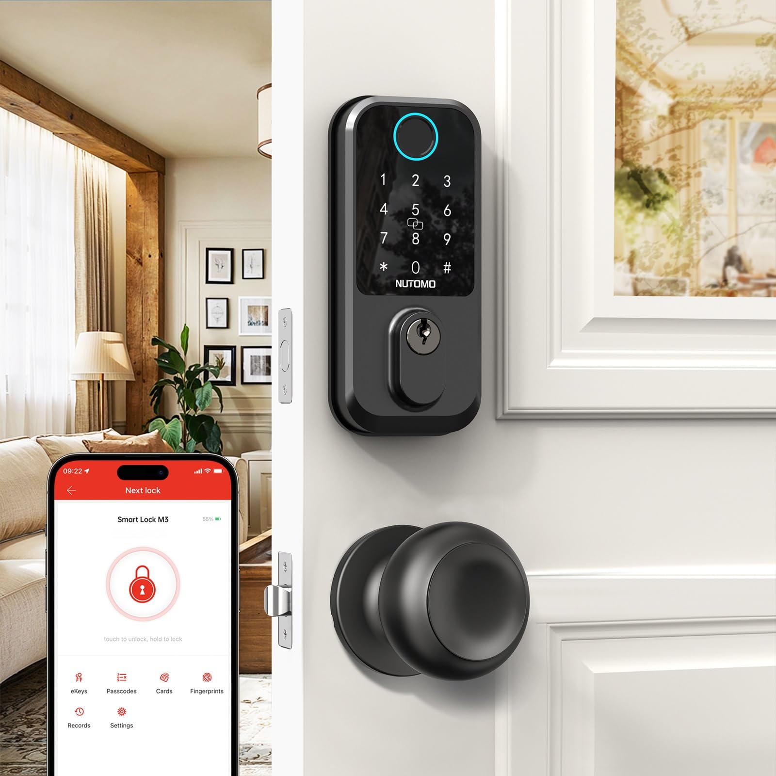Nutomo Keyless Entry Door Lock With Knob: Front Door Lock Set Fingerprint Deadbolt Alexa Digital Keypad Door Locks App Remote Control Auto Lock Black