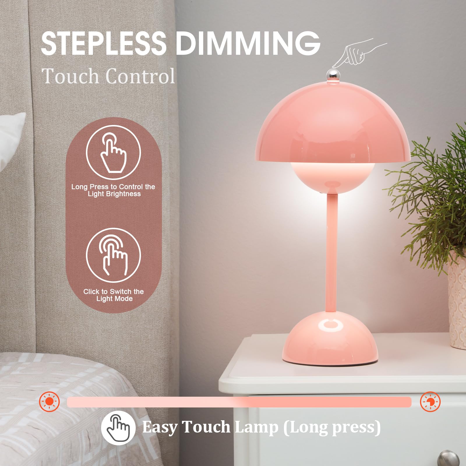 Nusogon Flowerpot Cordless Lamp, Dimmable Rechargeable Touch Lamp, Battery Operated Lamp, Cute Mushroom Small Lamp For Nightstand, Modern Table Lamp For Indoor Outdoor(Pink