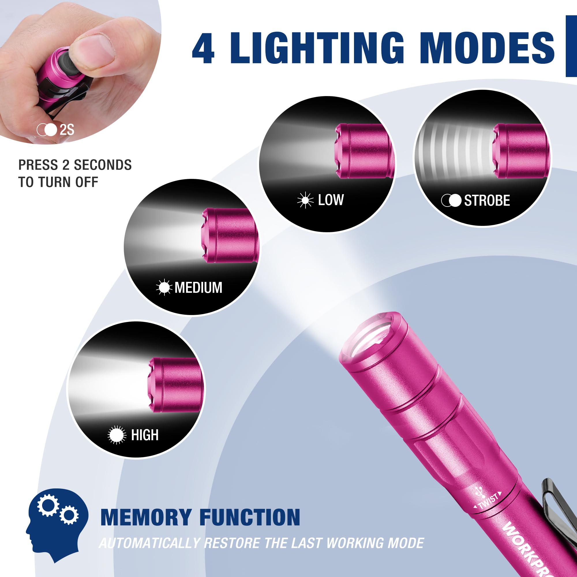 Workpro 2 Pack Rechargeable Pen Light Black & 2 Pack Rechargeable Pen Light Pink