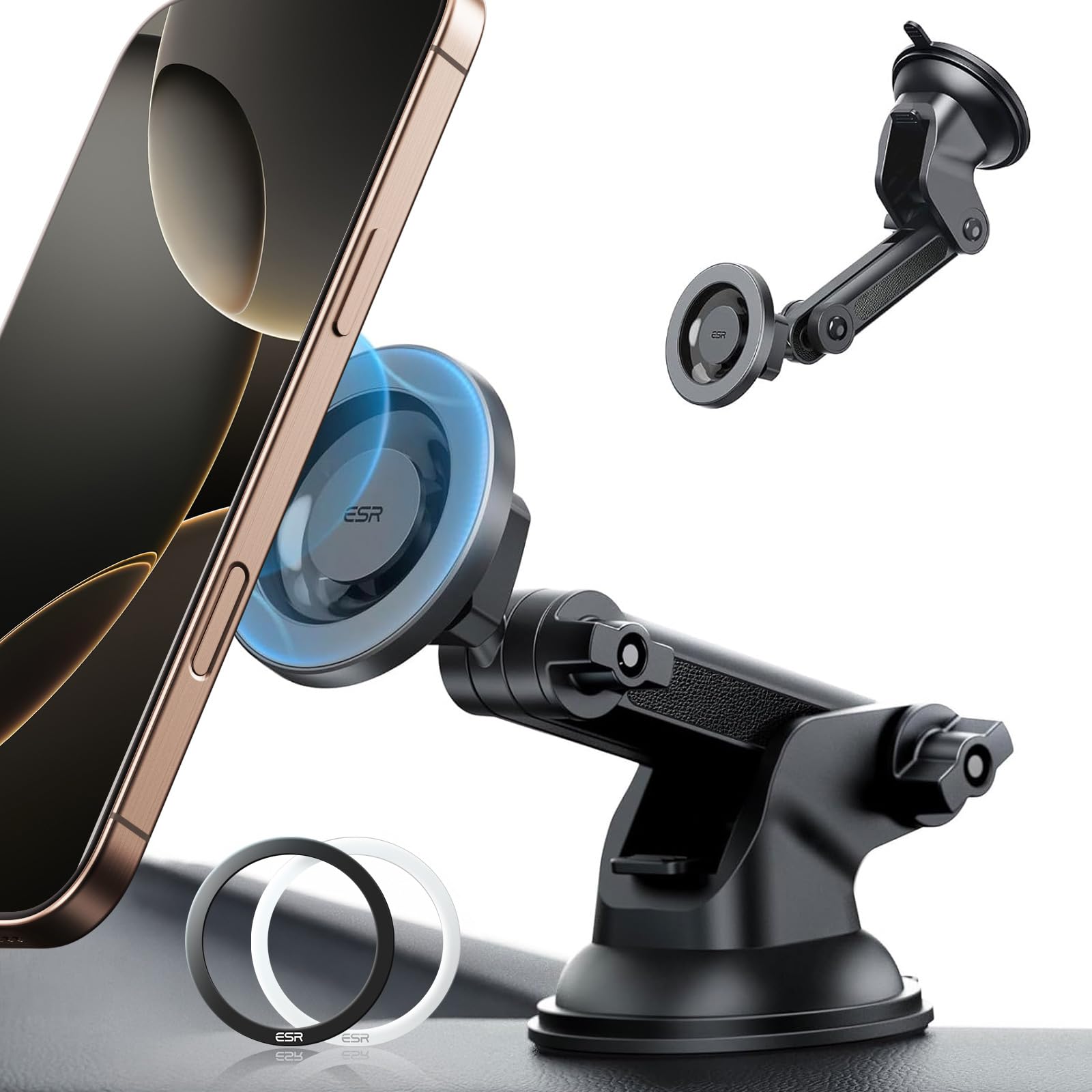 Esr Dashboard Magnetic Phone Holder For Car, For Magsafe Car Mount, Windshield Vacuum Car Mount For Iphone 16/16E/15/14/13/12, Samsung, Car Accessories, Charging Not Supported,2 Metal Rings Included