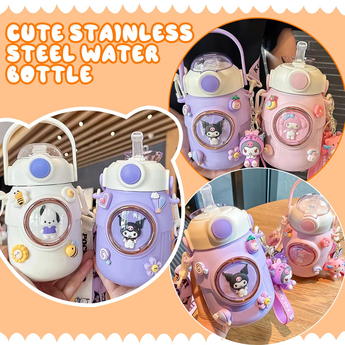 Cute Stainless Steel Water Bottle, Straw Thermos Mug With Portable Stylish Perfect Sport Set