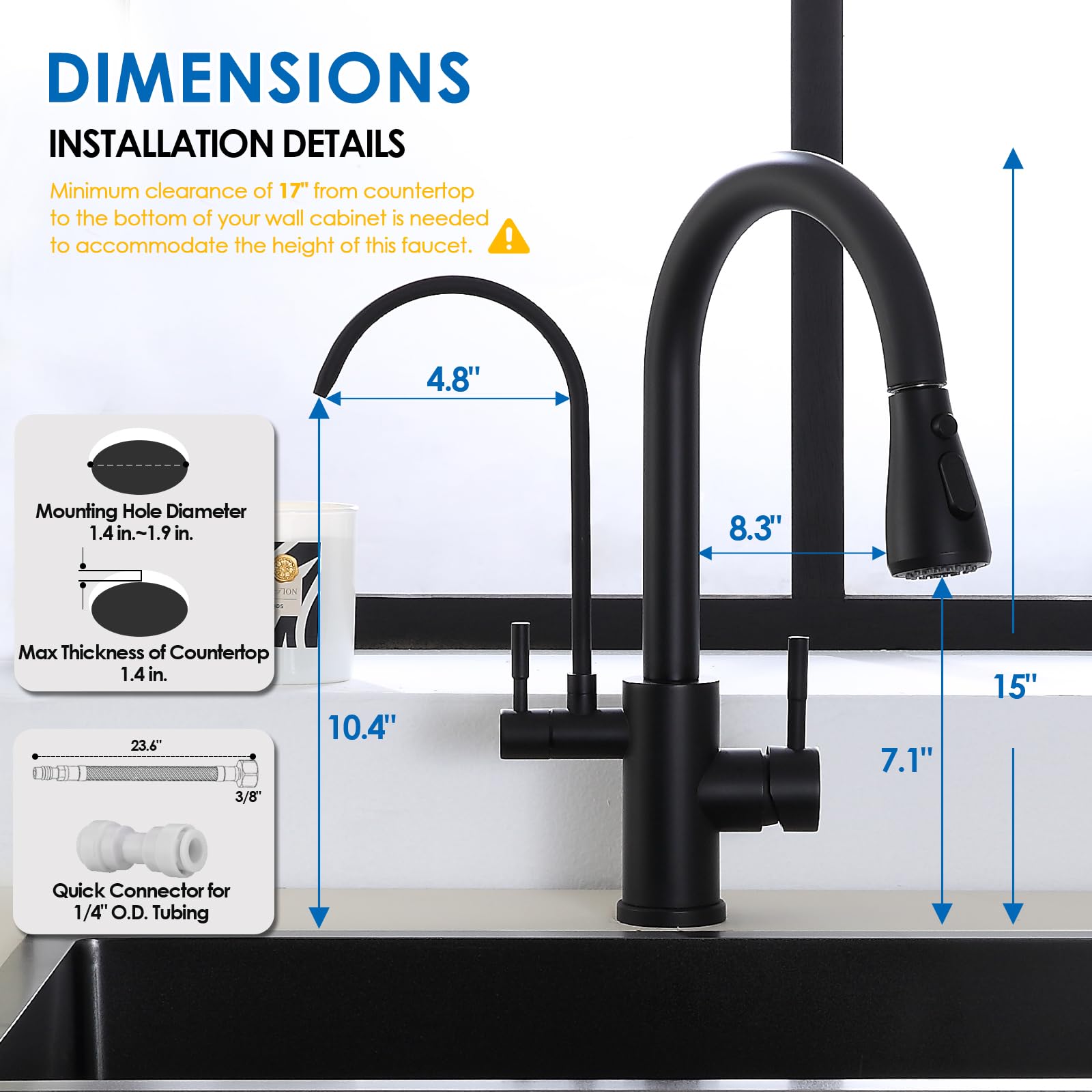 Rovogo Kitchen Faucet With Filtered Water Spout And Pull Down Sprayer, Dual Handle High Arc Kitchen Faucet With Drinking Water Spout For Water Filtration System, Stainless Steel, Black