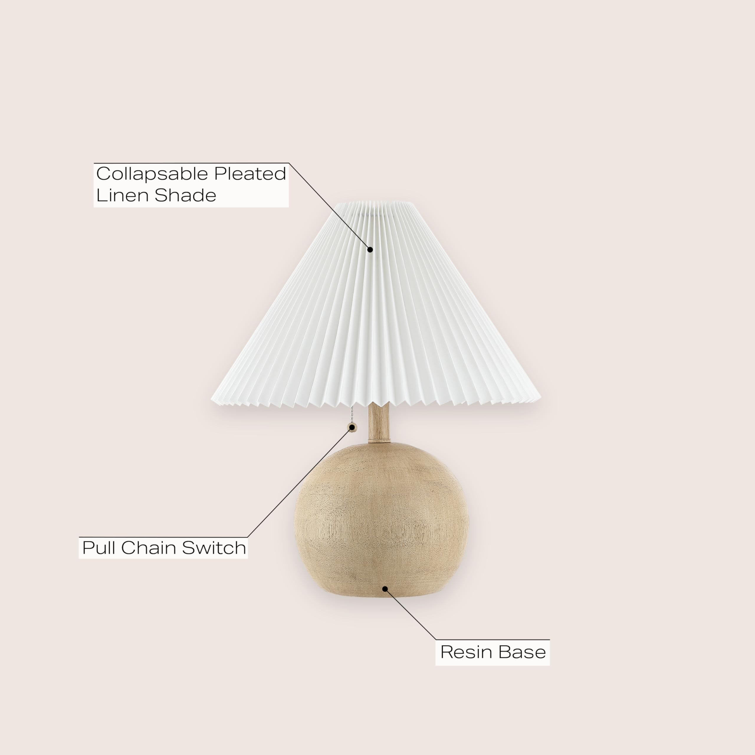 Jonathan Y Jyl1145B Aksel 17.25" Coastal Scandinavian Resin/Iron Sphere Led Table Lamp With Pleated Shade And Pull Chain, Beige Wood Finish/White, For Entry Console, Bedroom, Living Room